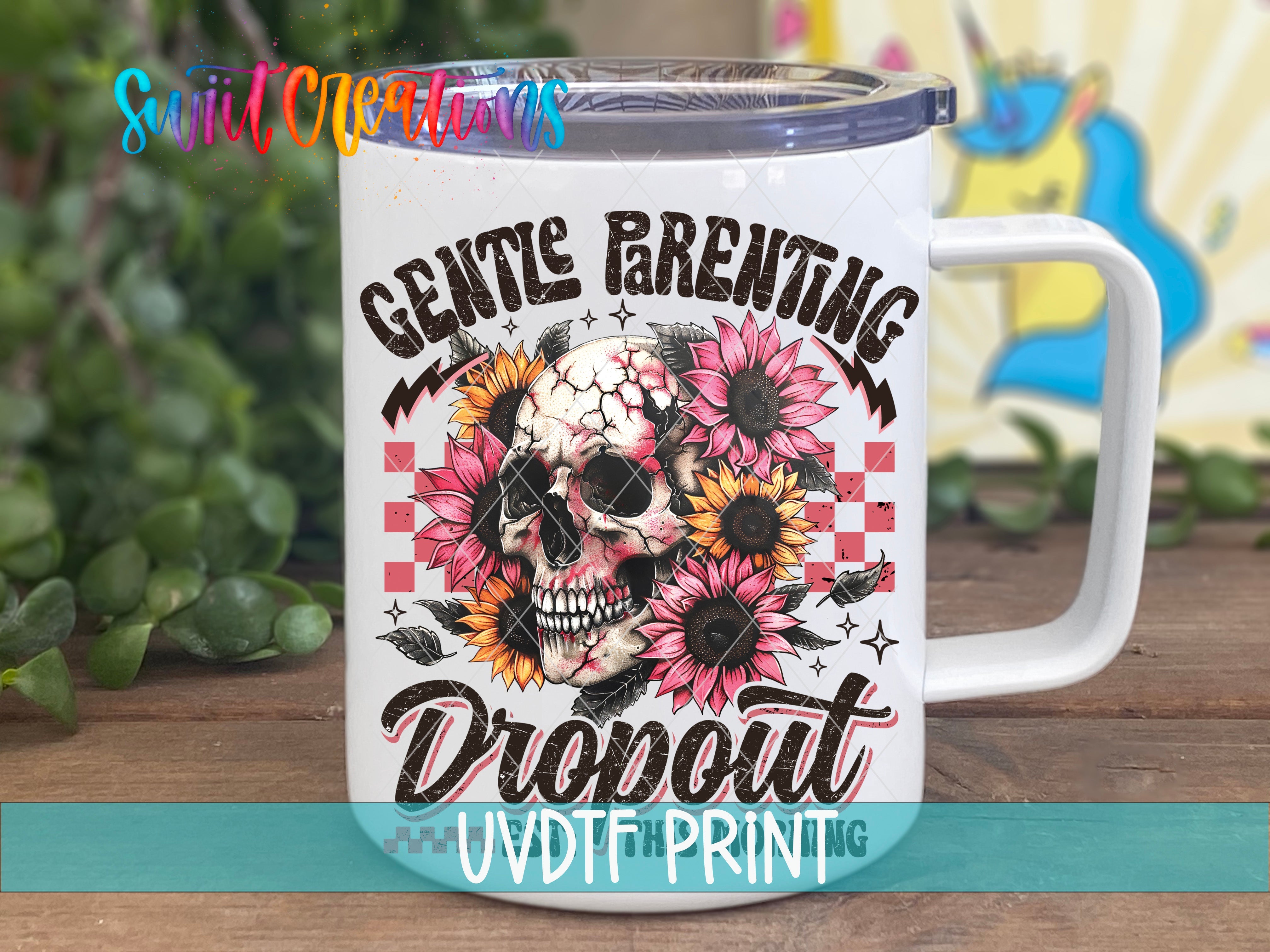 a white coffee mug with a skull and flowers on it