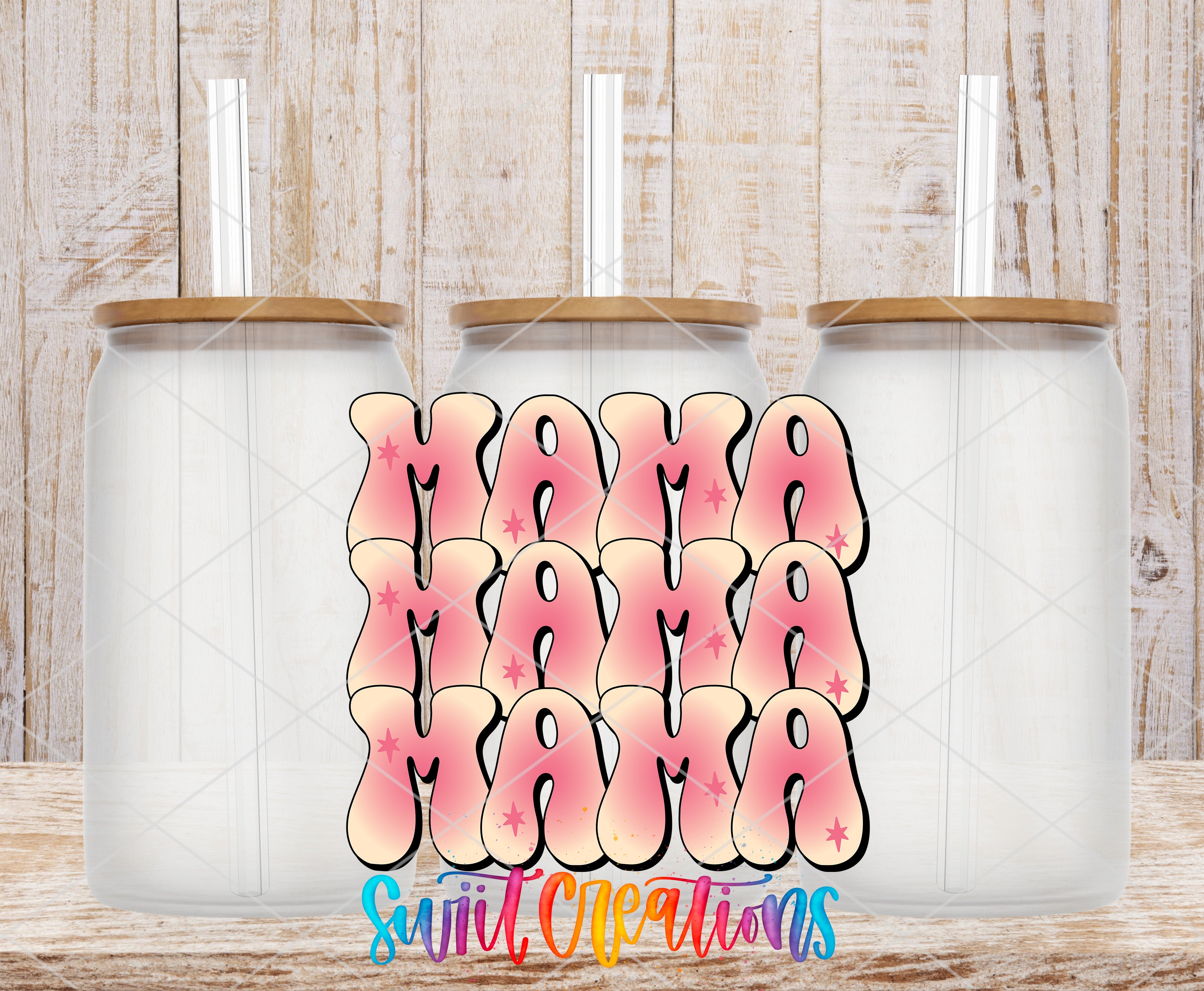 three glass jars with lids, arranged in a row against a wooden background. The jars have a pink and white color scheme, and there is a large text design in the center of the image that reads "Mama Mama Mama".