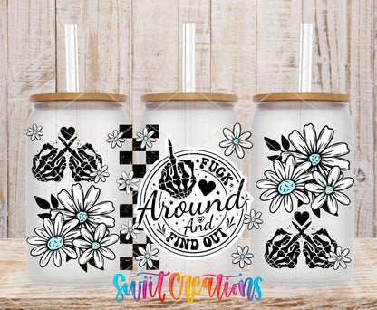 F*ck Around and Find Out floral skeleton hands UV DTF full wrap on three clear glass cans with bamboo lids
