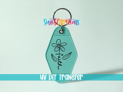 Faith Flower UV DTF transfer on a teal motel keychain on a mint background