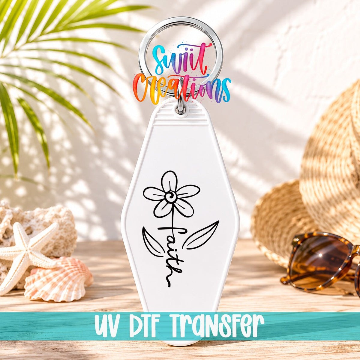 Faith Flower motel keychain UV DTF transfer on a white keychain in a beach scene