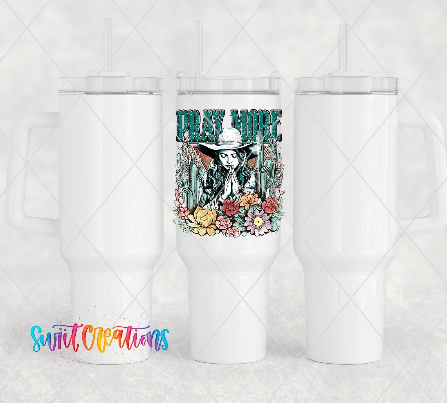 a white tumbler with a picture of a cowboy on it
