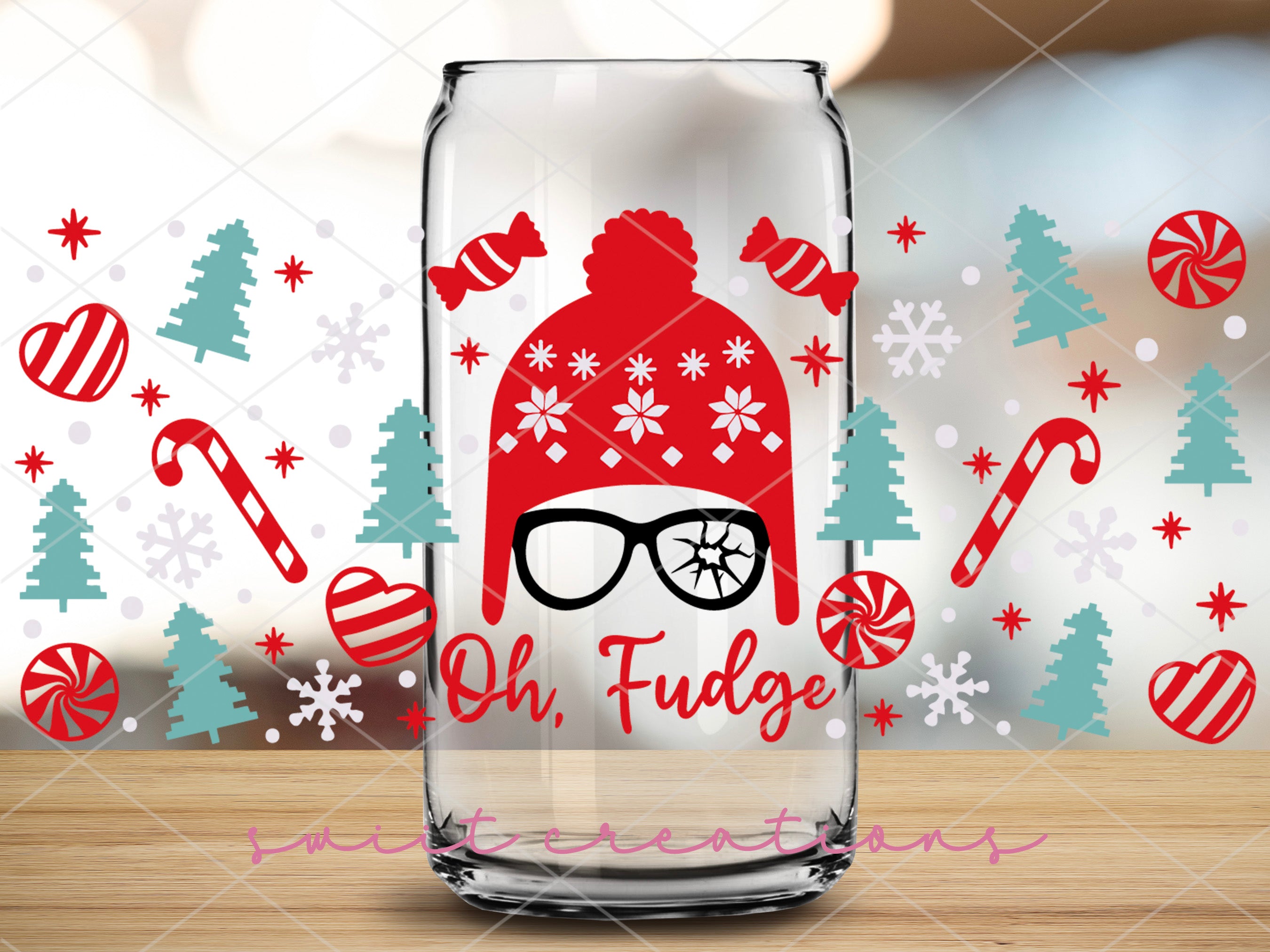 a glass jar with a picture of a person wearing a hat and glasses