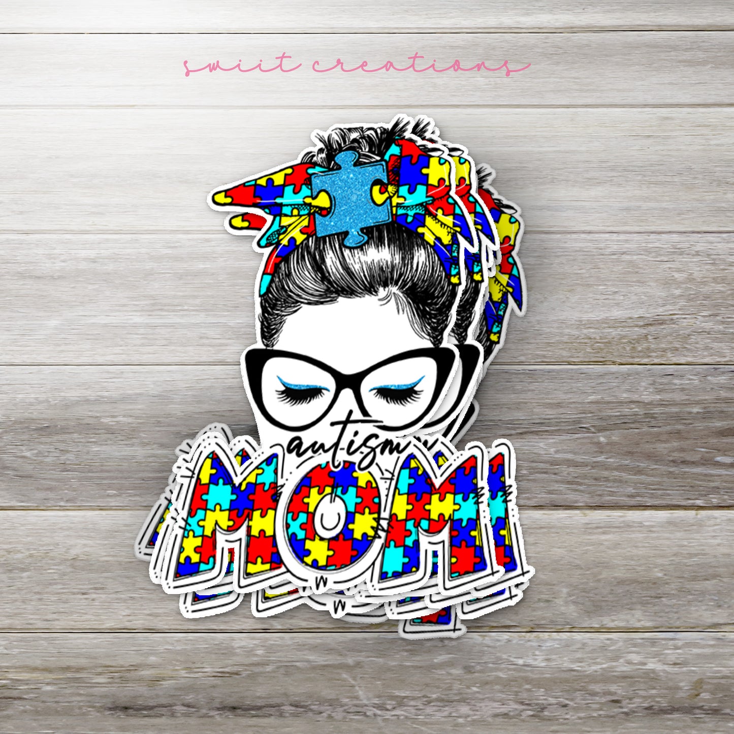 a sticker of a woman with glasses and a puzzle piece on her head