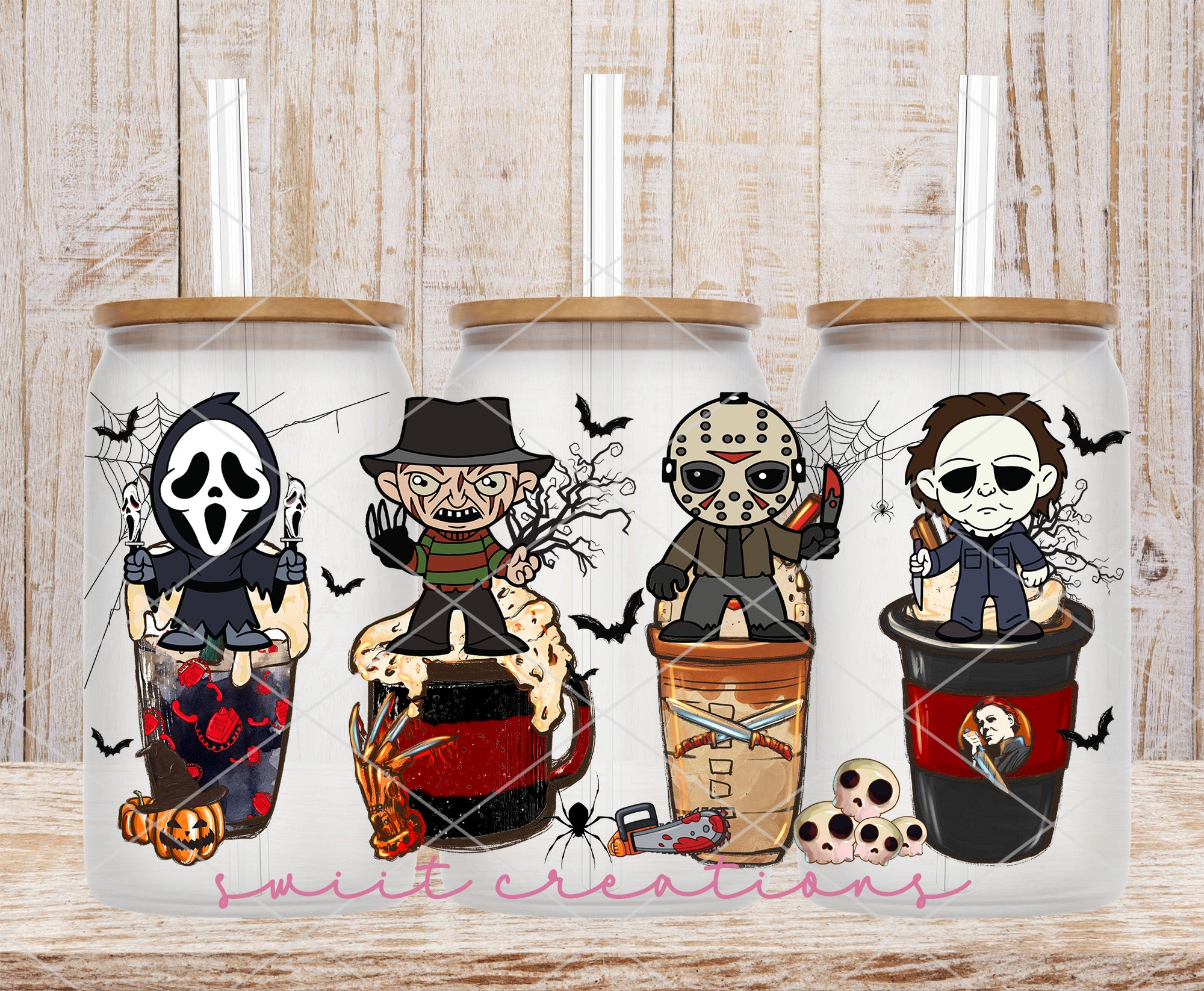 a couple of cups with cartoon characters on them
