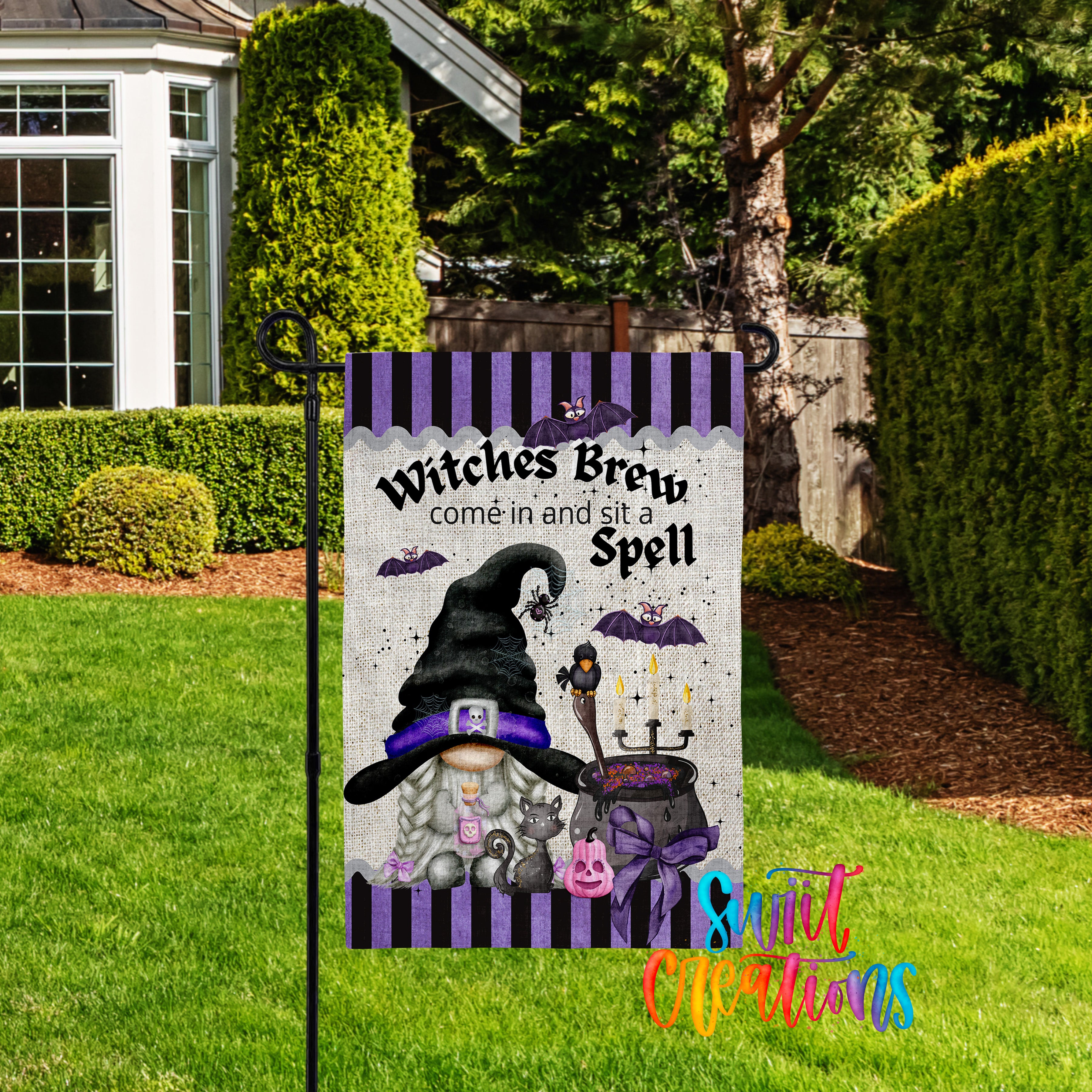 A garden sign featuring a witch and a gnome, with the text "Witches Brew come in and sit a spell" and a spooky illustration of bats and a cauldron.
