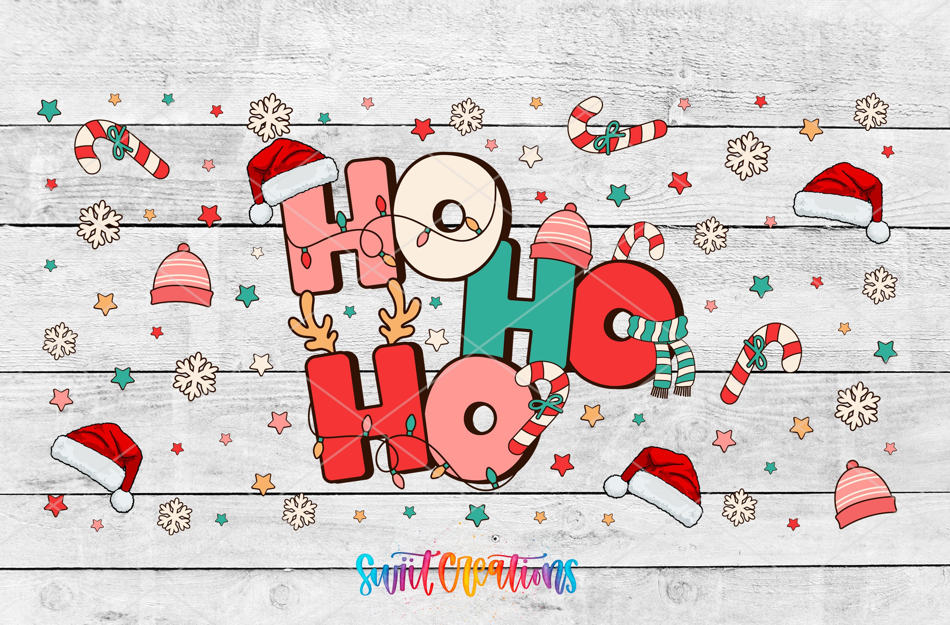 a wooden background with christmas decorations and the word ho hoo