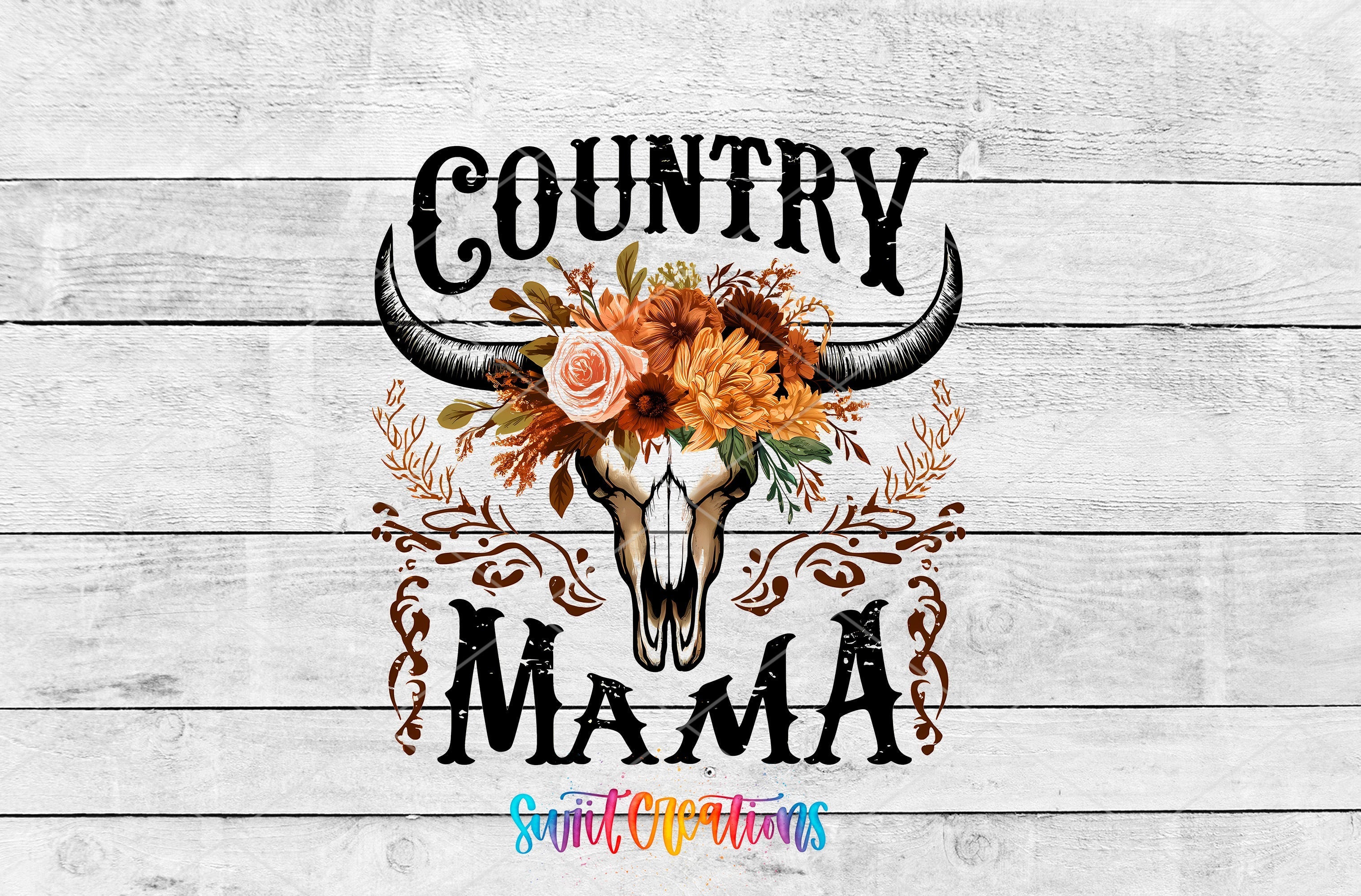 a cow skull with flowers and the words country mama