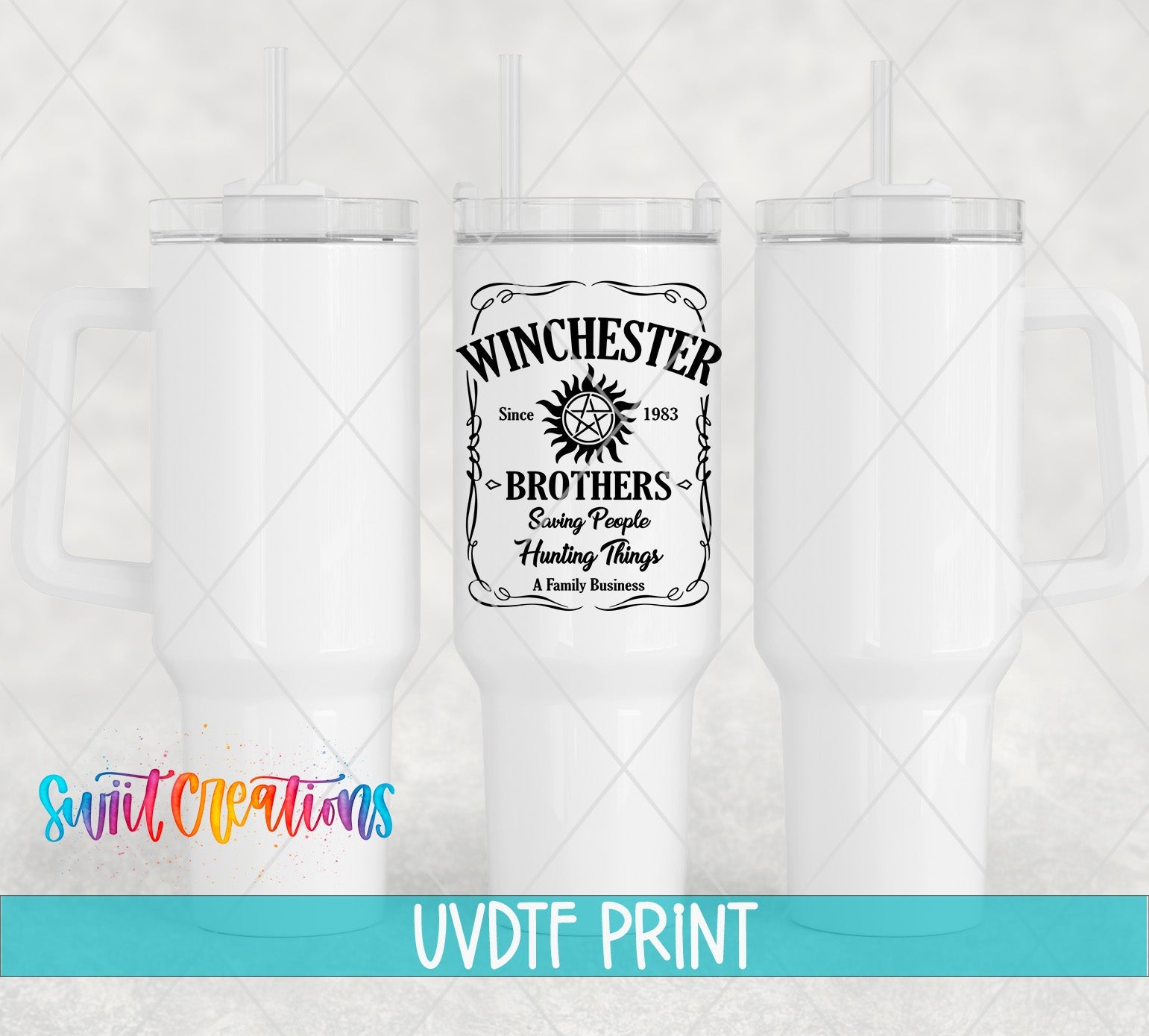 three white tumblers with the words winchester brothers on them