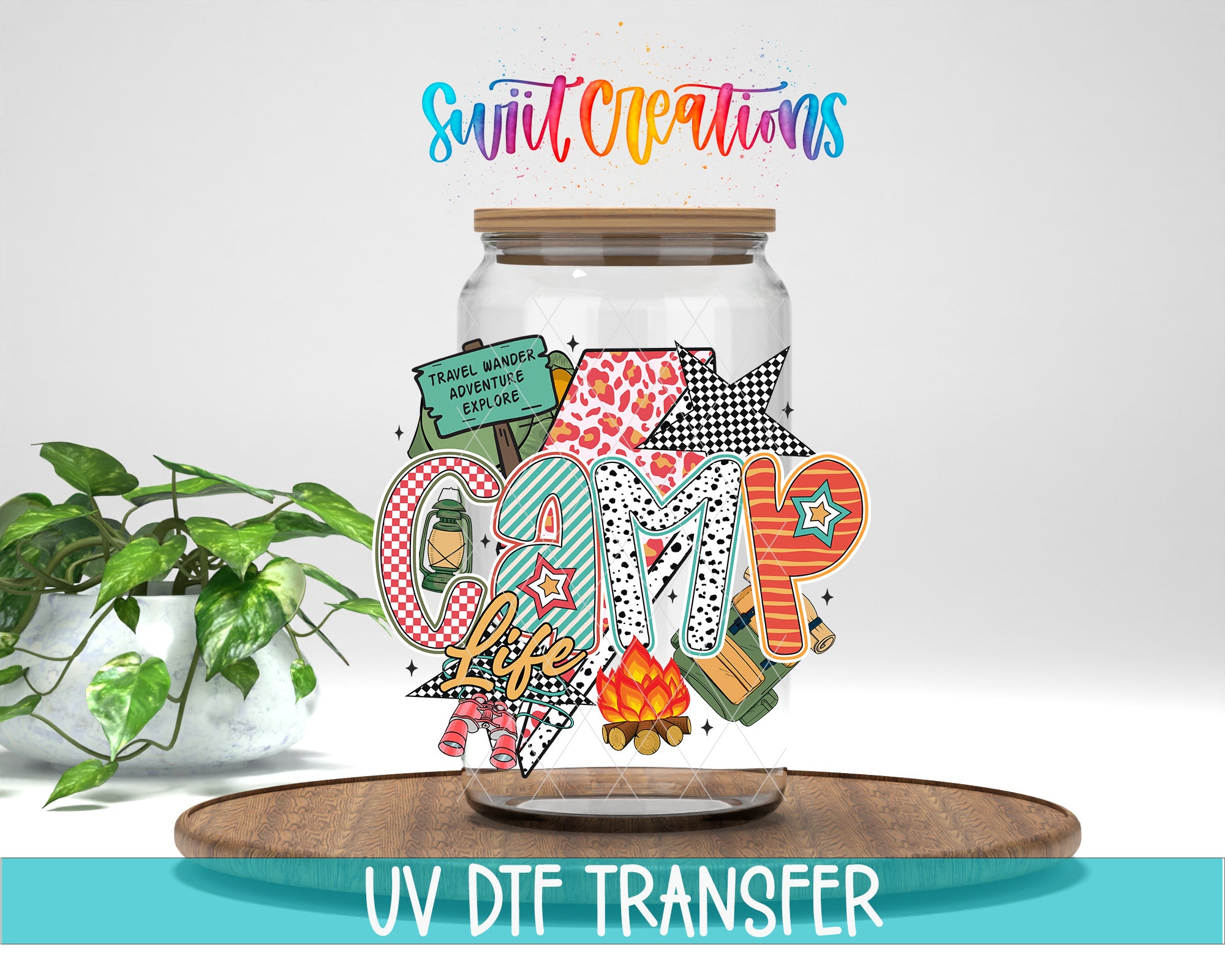 a large glass jar with a lid, filled with various colorful and whimsical stickers and illustrations. The jar is placed on a wooden surface, and there is a potted plant in the background. The image also includes text that says "Swit Creations UV Dtf Transfer".