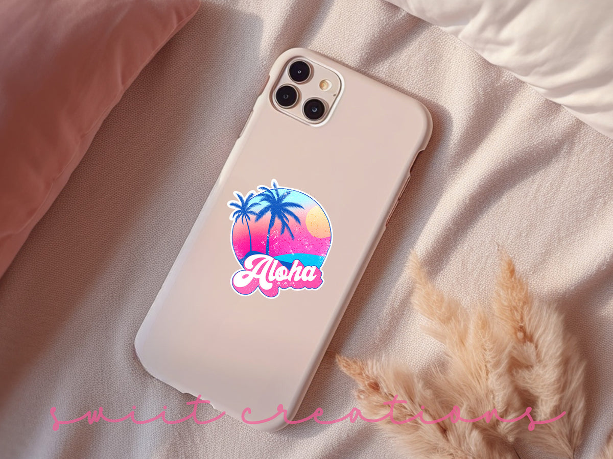 Aloha sticker on a pink phone case