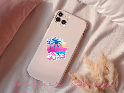 Aloha sticker on a pink phone case
