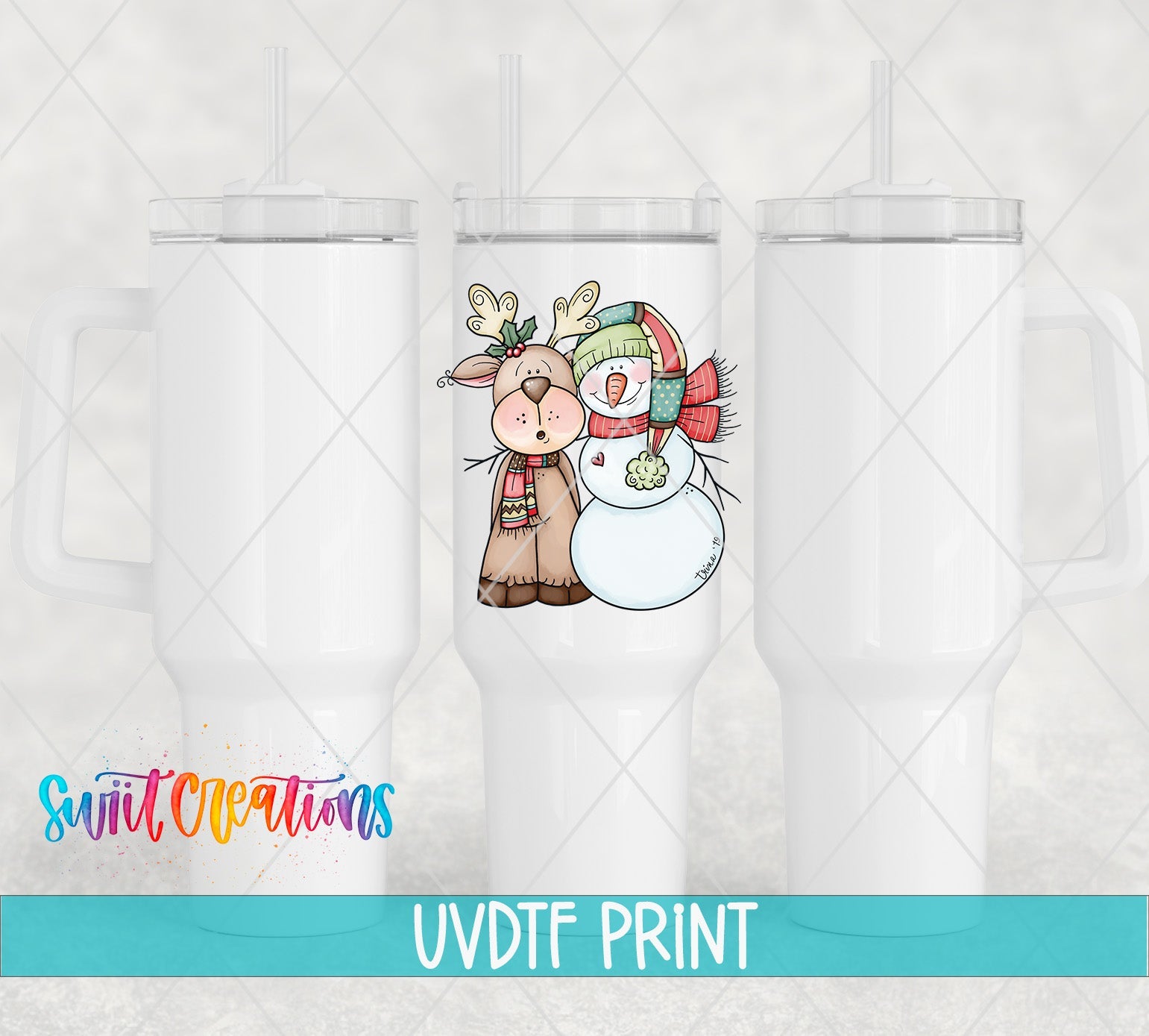 a white tumbler with a reindeer and a snowman on it