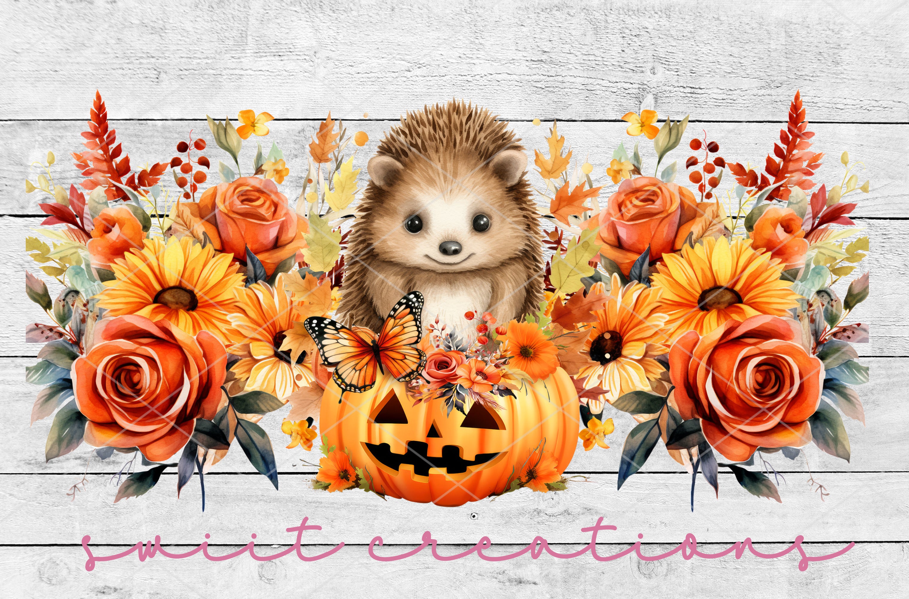 a hedge sitting on top of a pumpkin surrounded by flowers