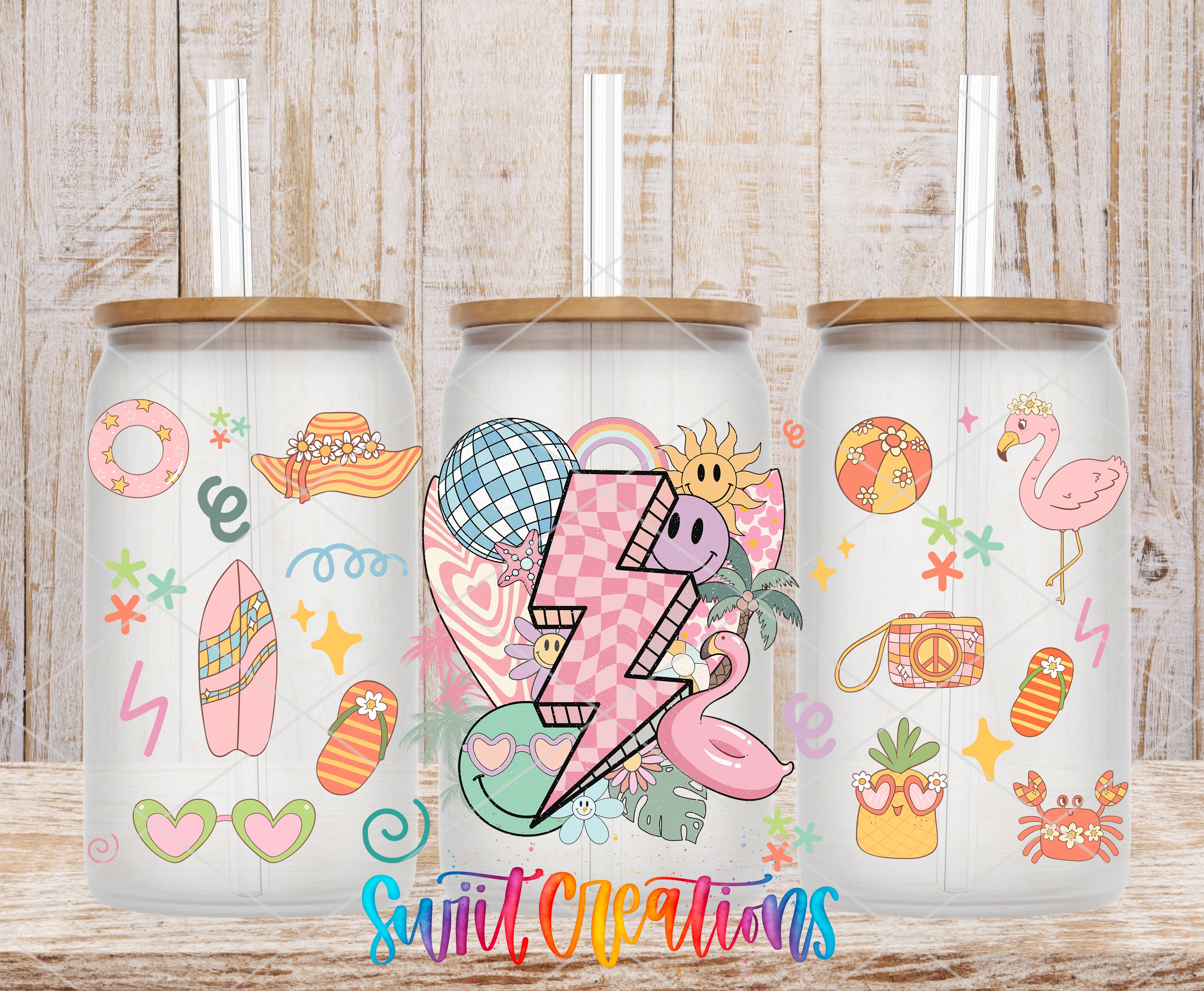 three colorful glass tumblers with various illustrations and designs, including a lightning bolt, a flamingo, and other beach-themed elements.