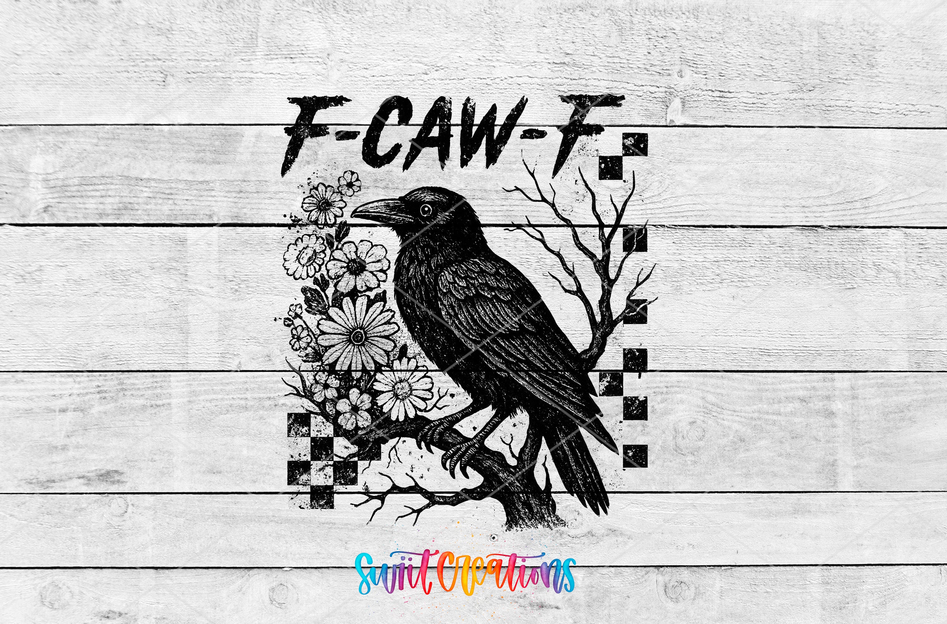 a black and white illustration of a bird perched on a branch, surrounded by flowers and leaves.