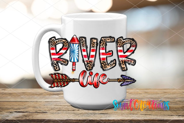a coffee mug with the words river life painted on it