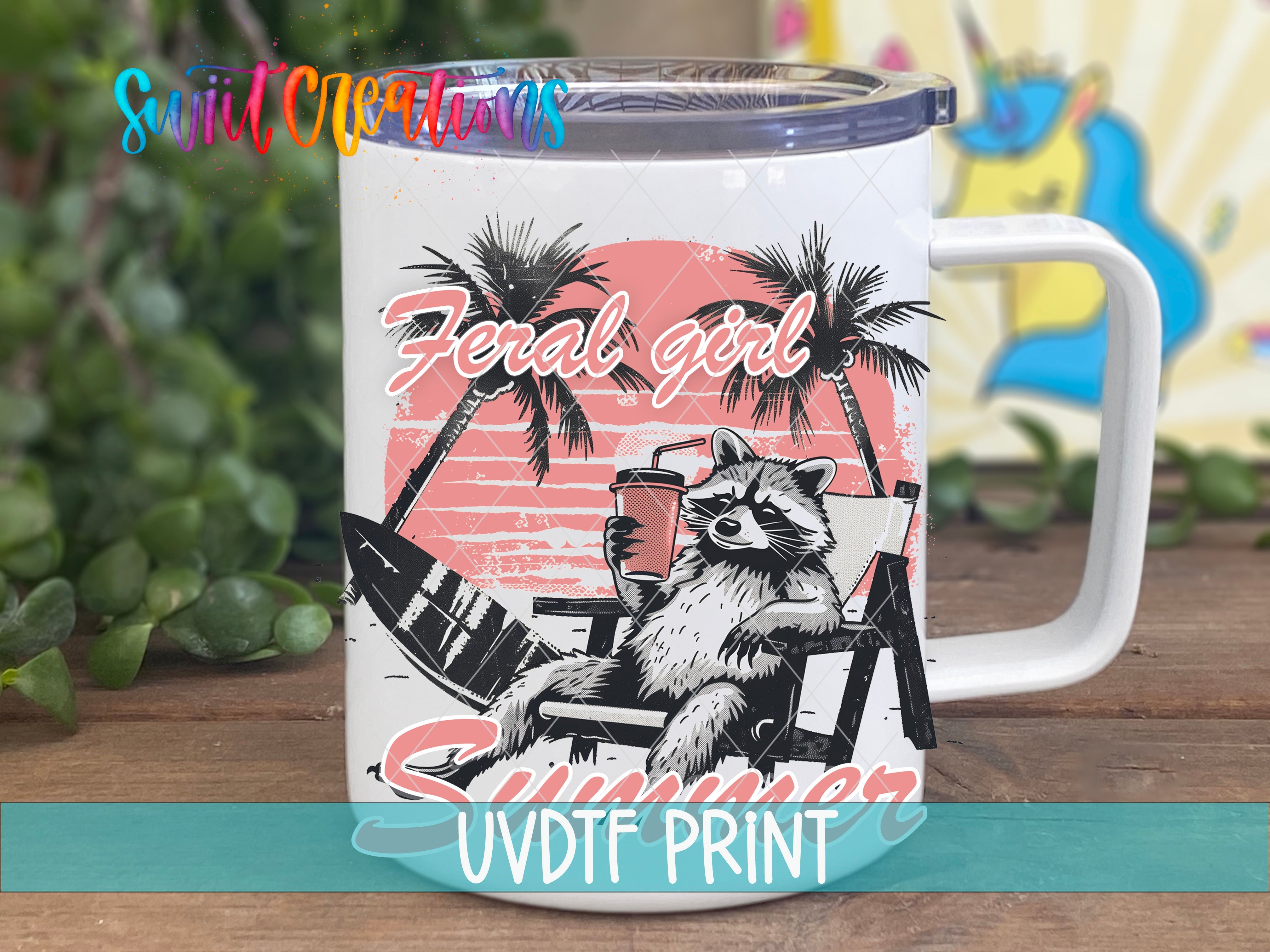 a white coffee mug with a raccoon on it