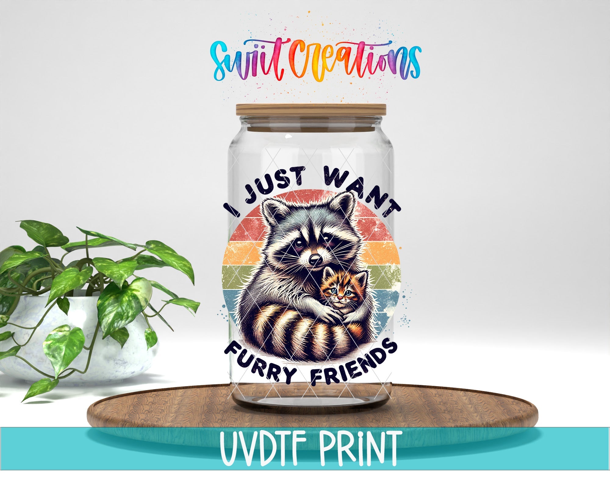 a glass jar with a raccoon on it