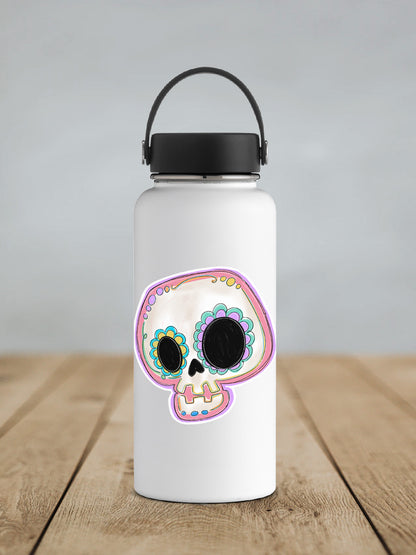 Pastel Sugar Skull sticker on a white insulated water bottle