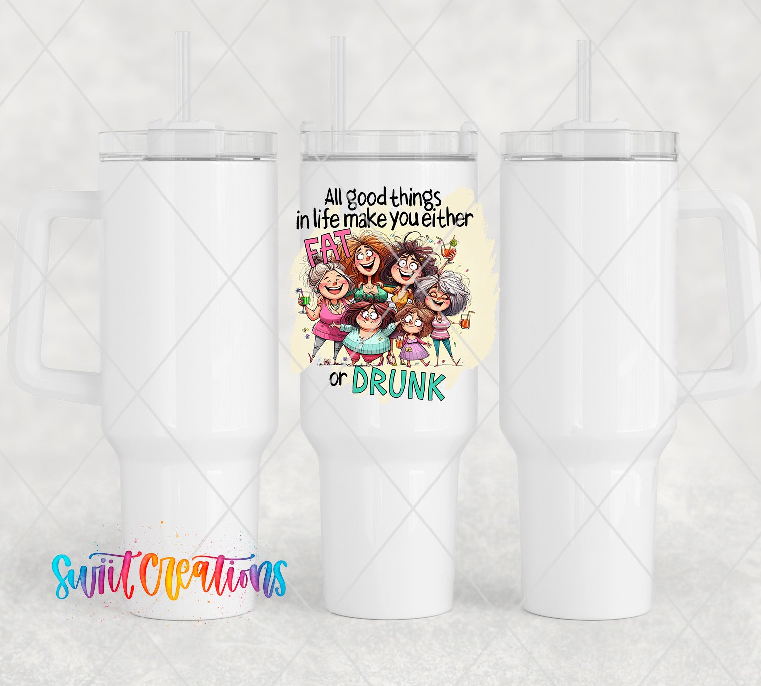 a white tumbler with a picture of a group of friends on it