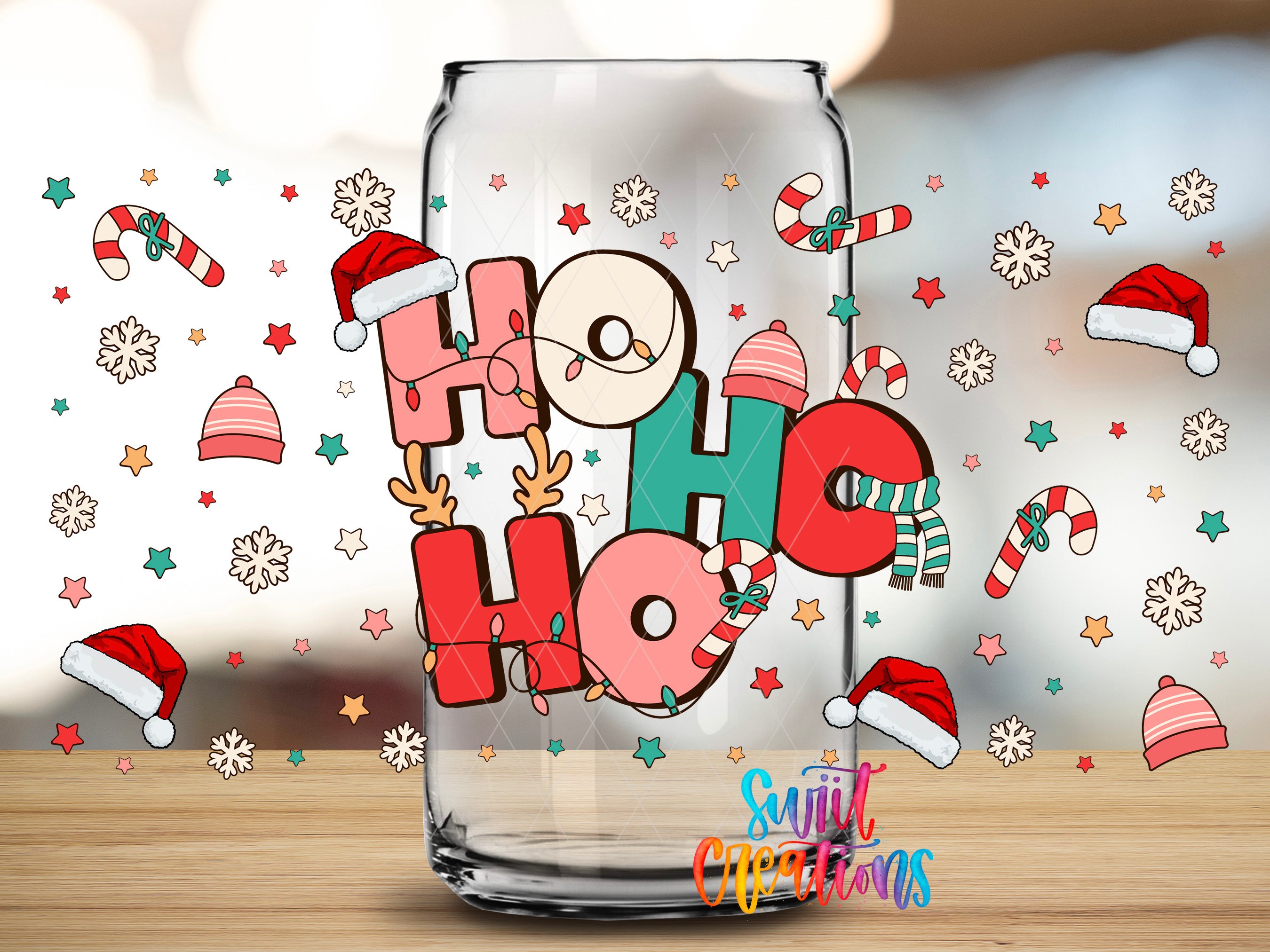 A glass can with the word "HOOKY HOOKY" written on it, surrounded by various Christmas-themed elements such as snowflakes, candy canes, and Santa hats.