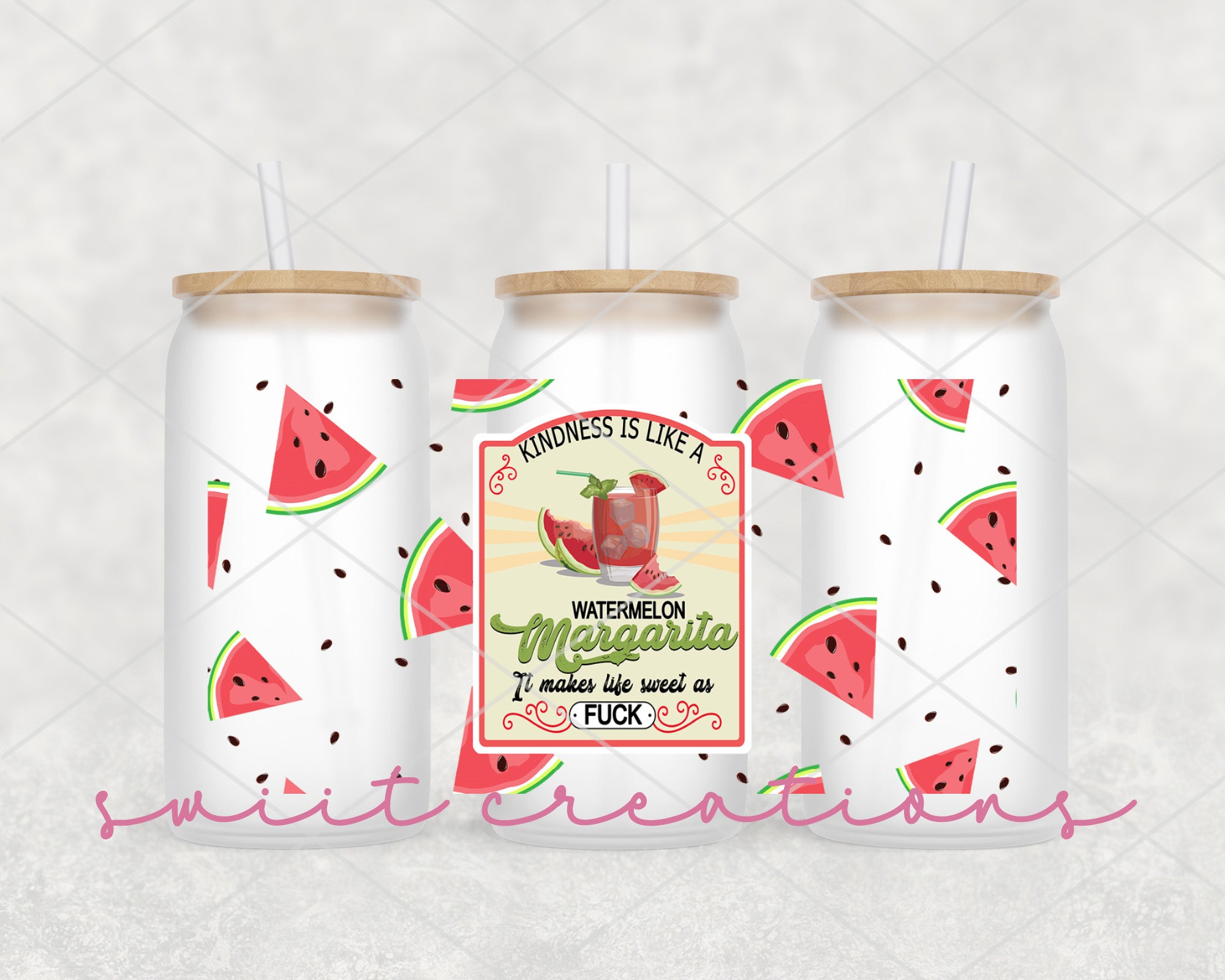 three cans of watermelon soda with straws
