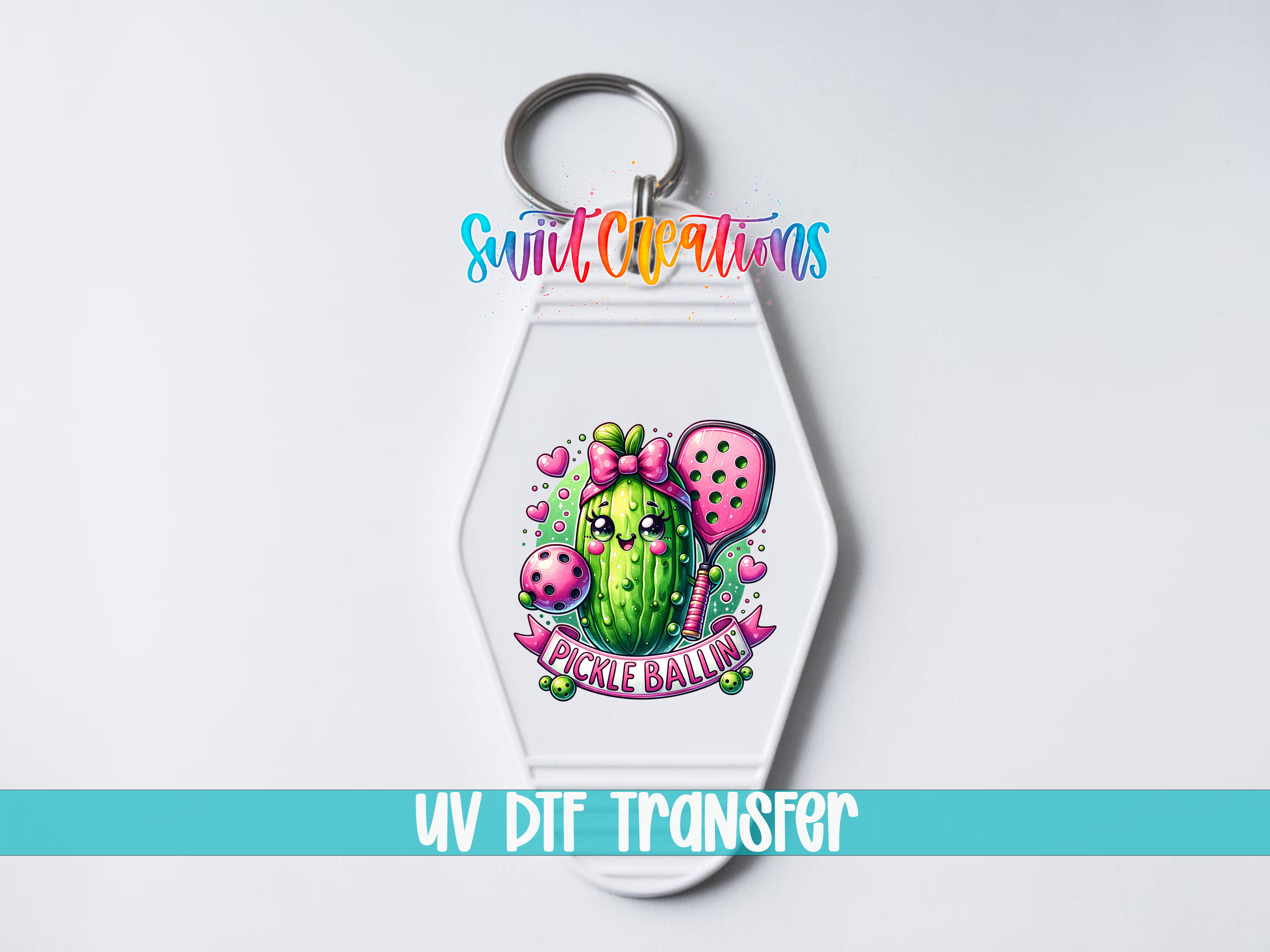 A keychain with a colorful design featuring a cactus and the text "Pickle Ballin" printed on it.
