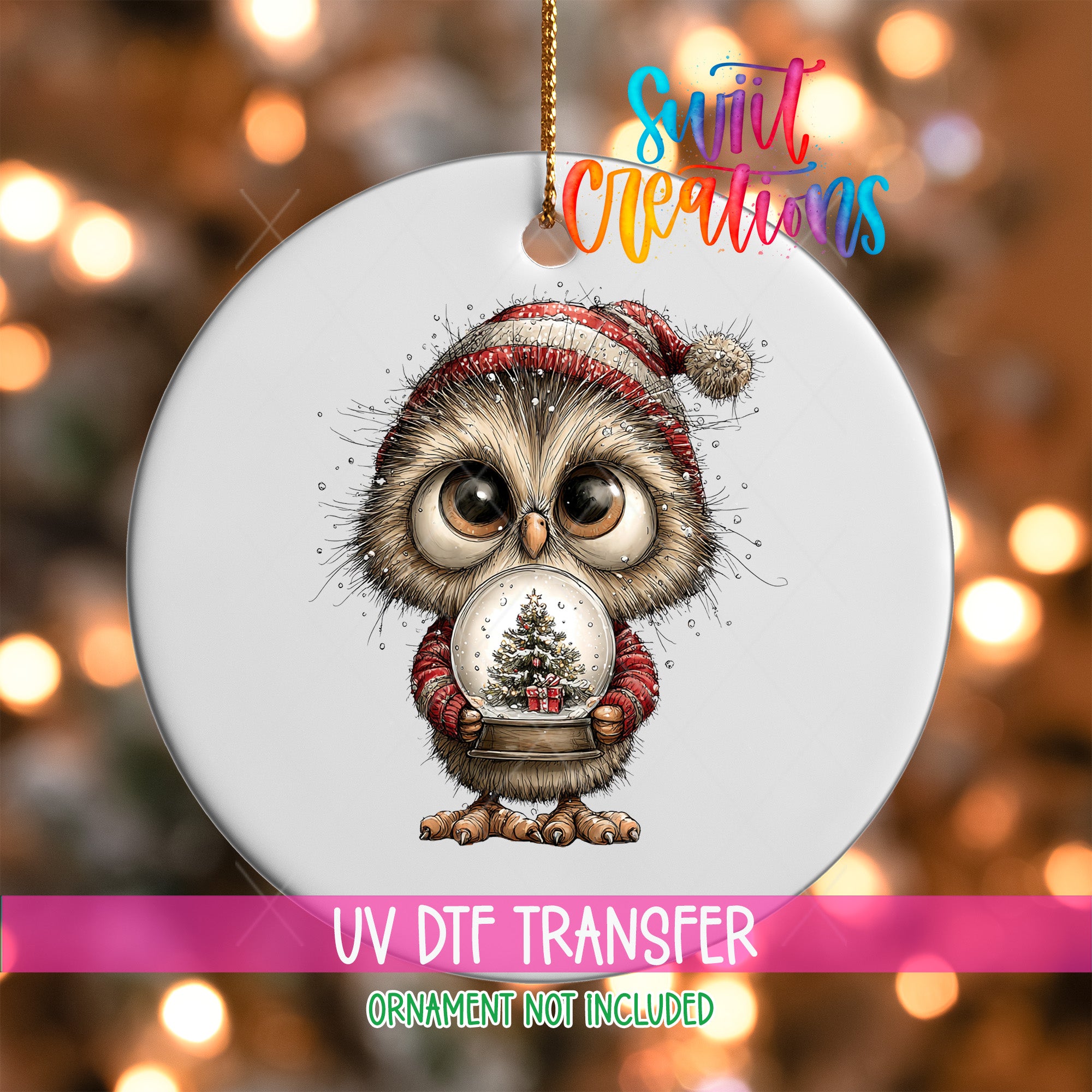 A white ornament with a cute cartoon owl wearing a red and white striped hat and holding a snow globe.