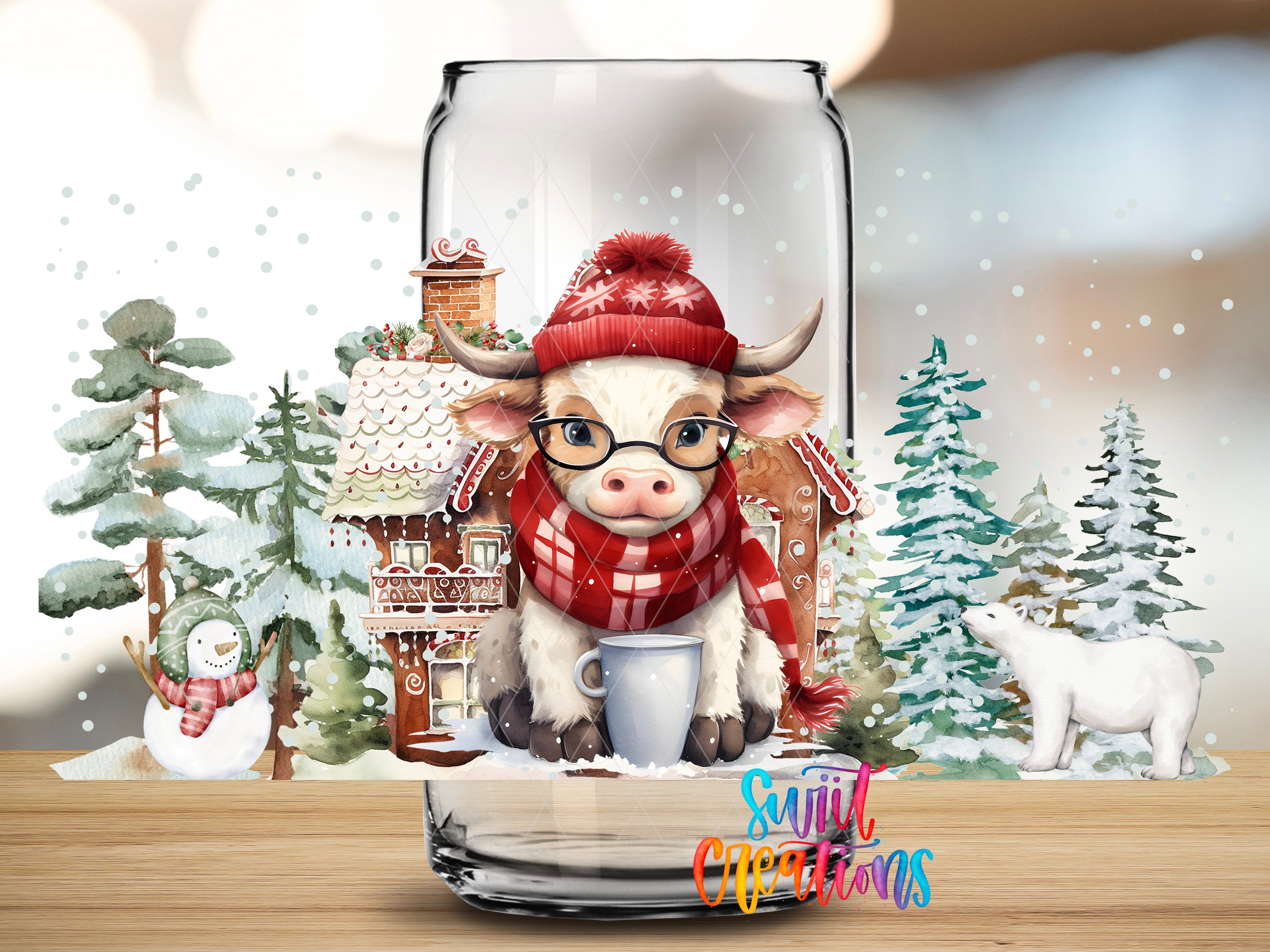 A cow wearing a red hat and scarf is sitting inside a glass jar, surrounded by a snowy winter scene with a snowman, a polar bear, and a gingerbread house.