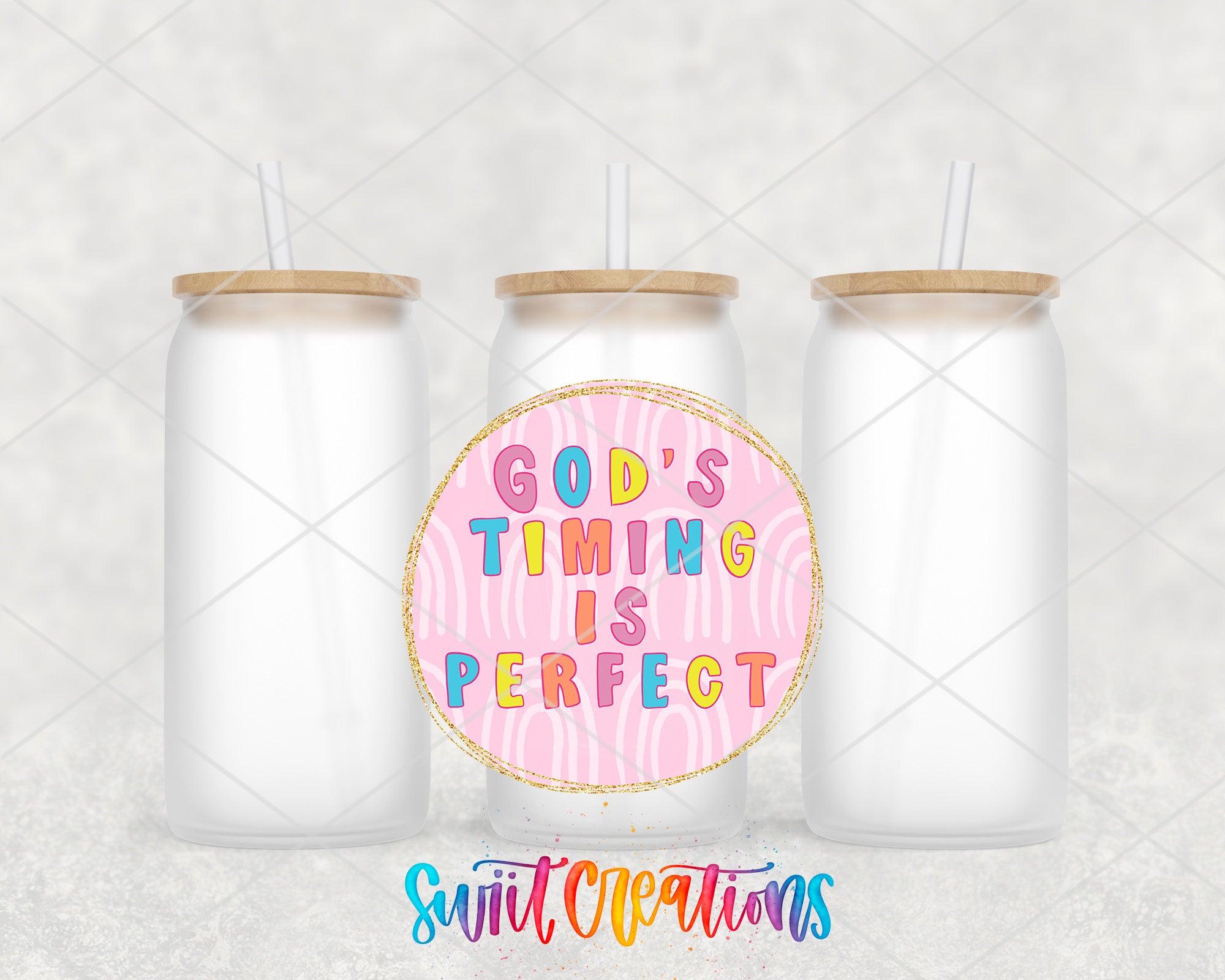 three white mason jars with straw tops and a pink label that says god's