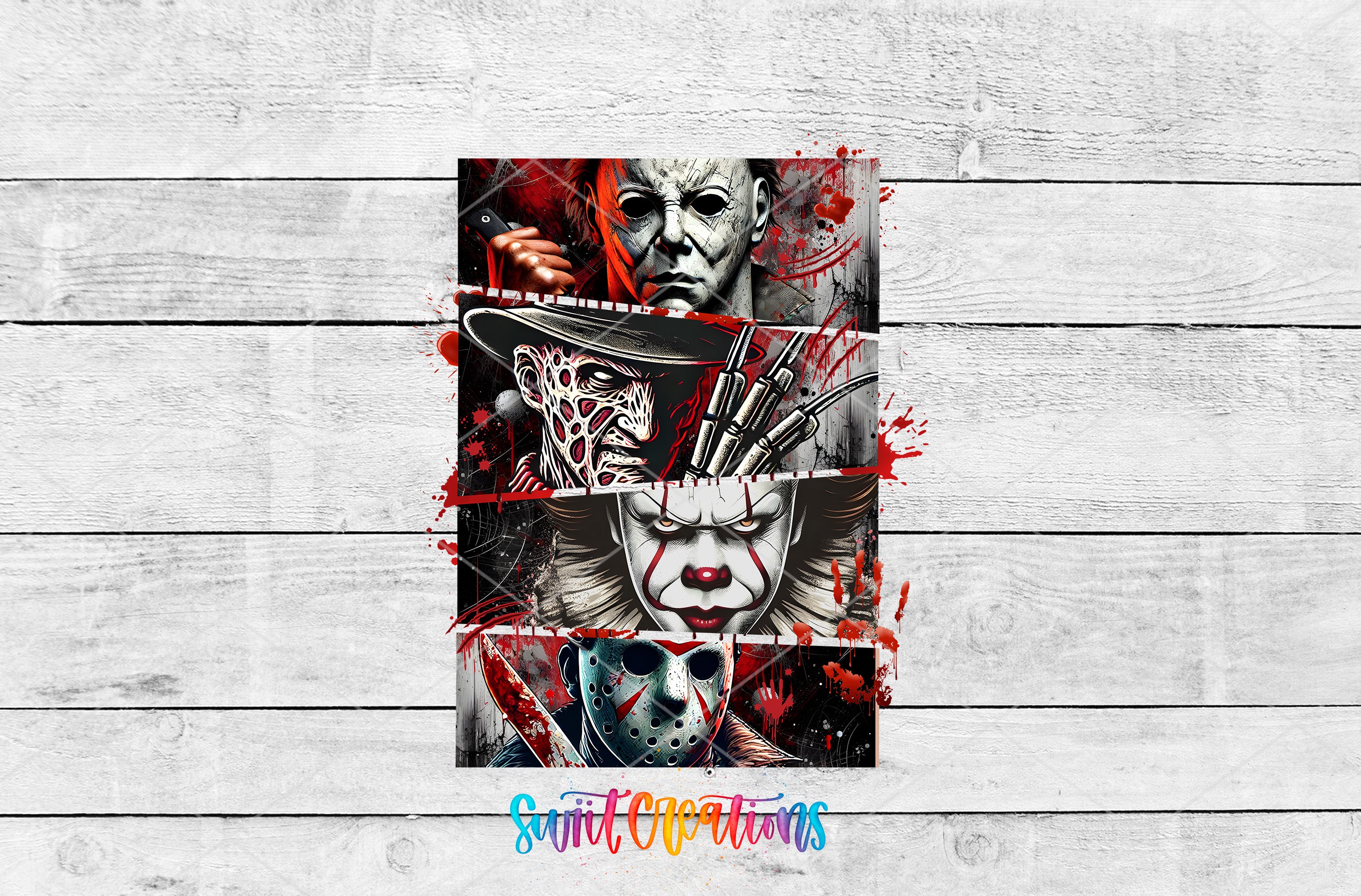 a wooden wall with a picture of two clowns on it