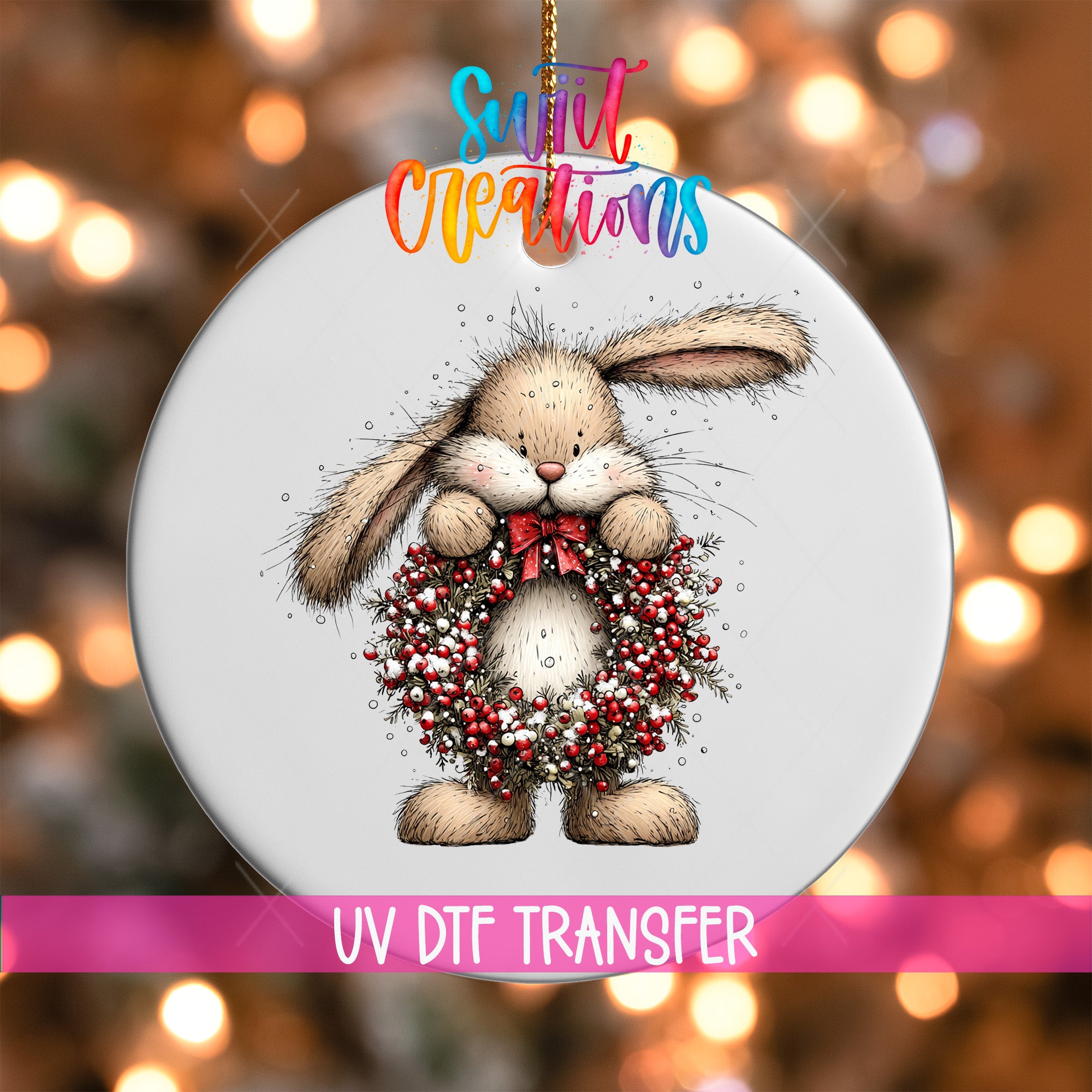 A white ornament with a cute bunny wearing a wreath, set against a background of colorful lights.
