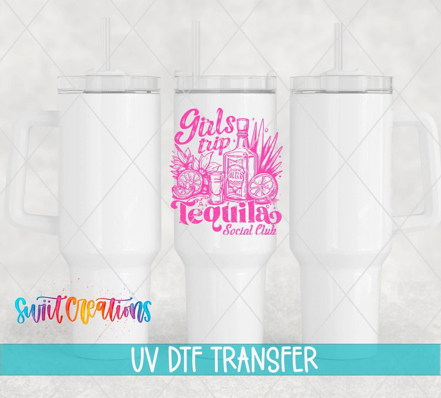 three white tumblers with a pink and purple design on them, along with text that says "Girls trip Tequila Social Club".