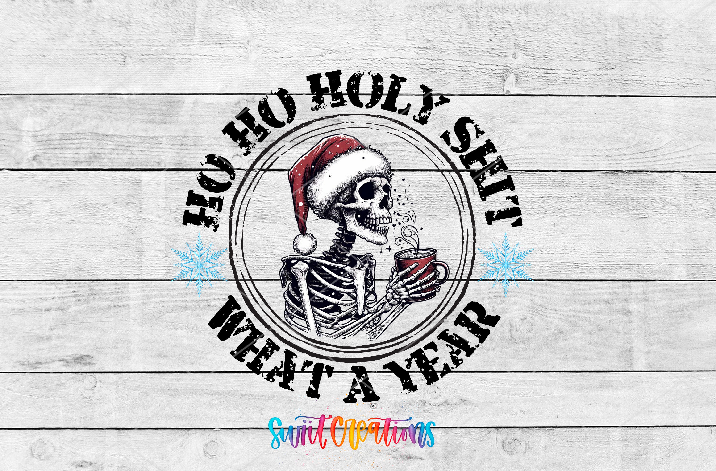 a skeleton wearing a santa hat and holding a cup of coffee