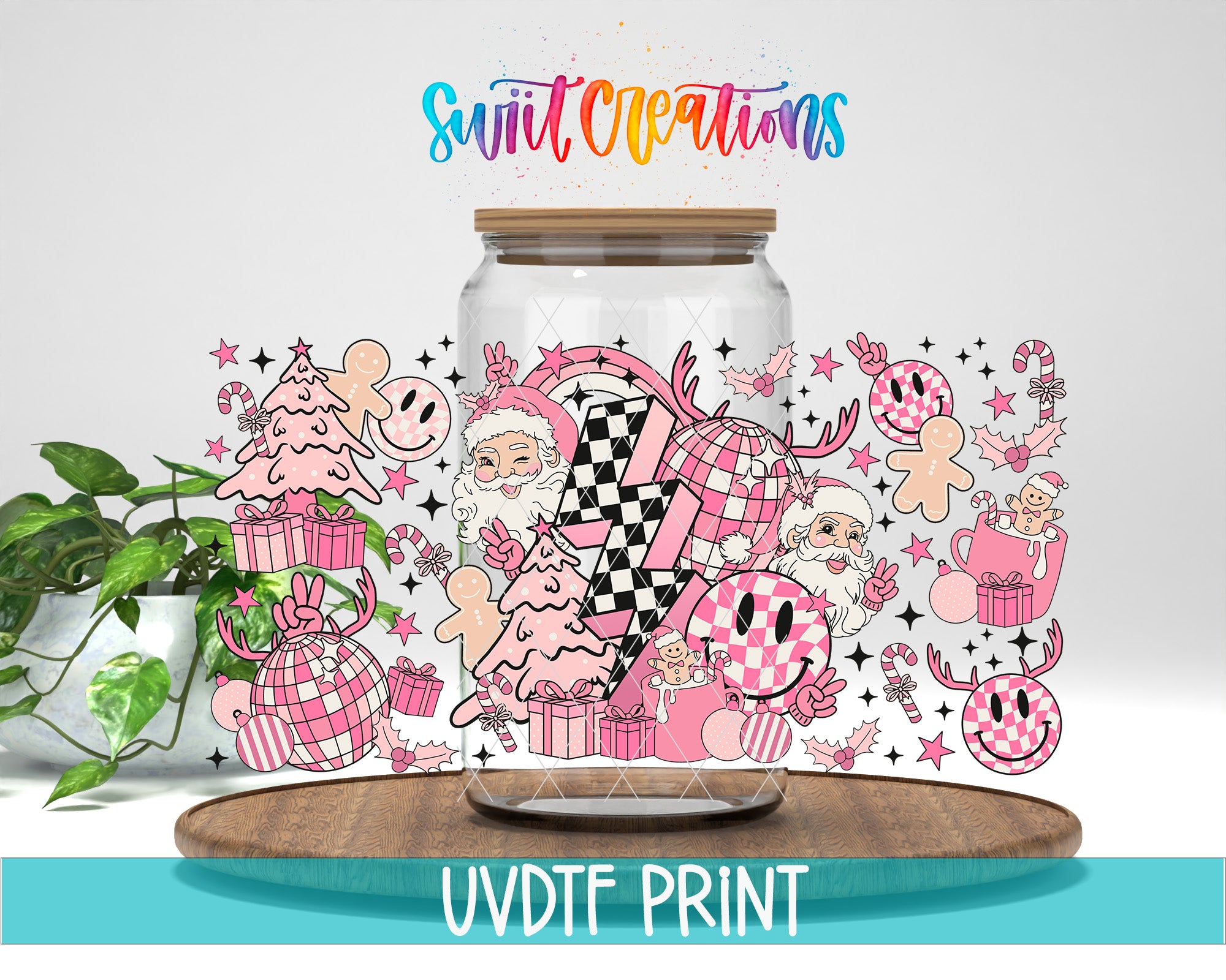 a jar filled with pink pigs and other items