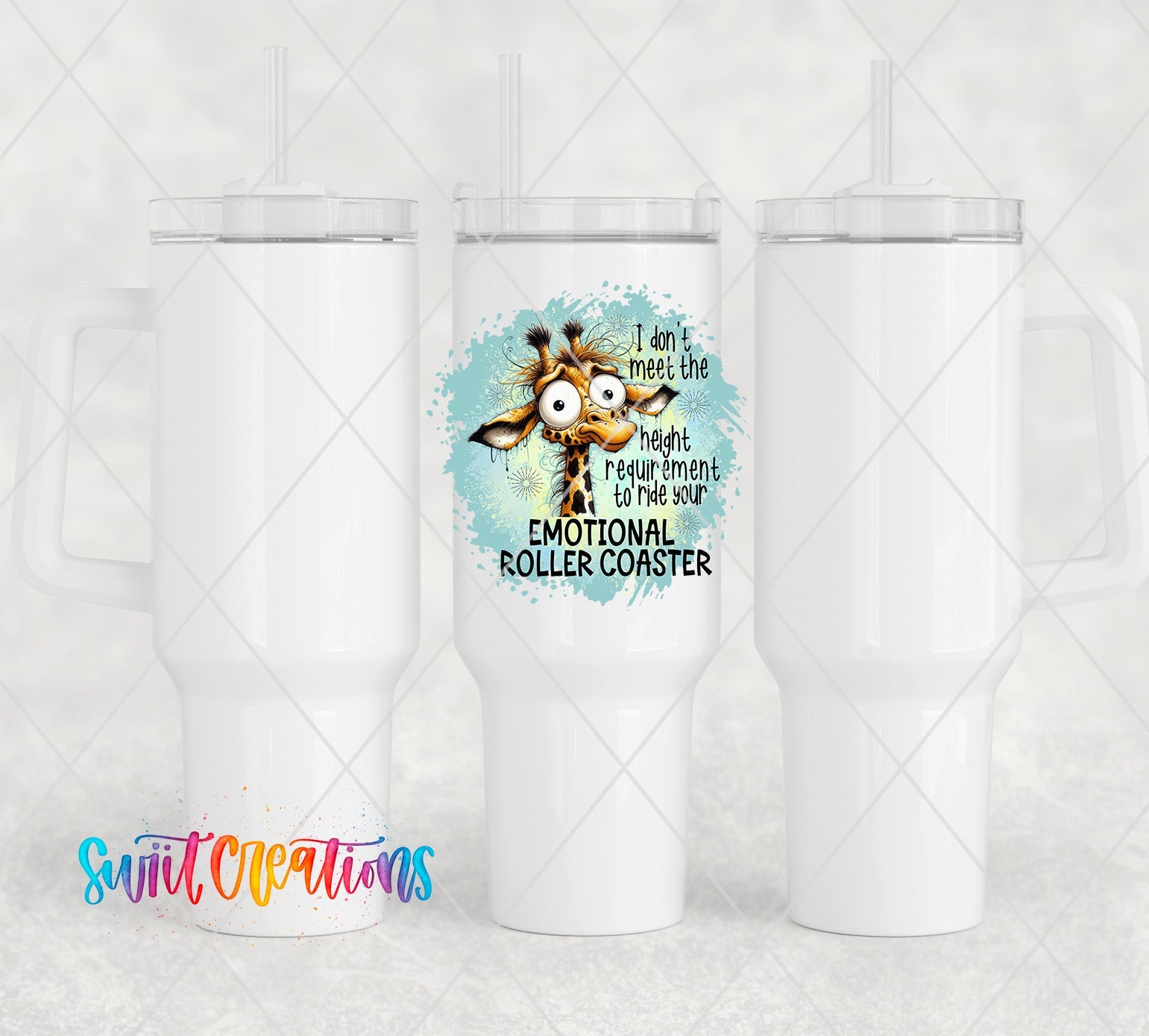 a white tumbler cup with a giraffe on it