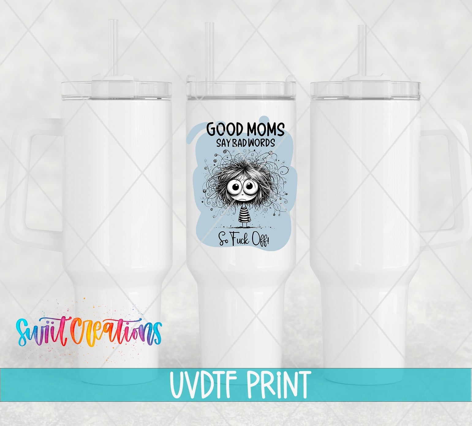 a set of three tumbles with a cartoon character on them
