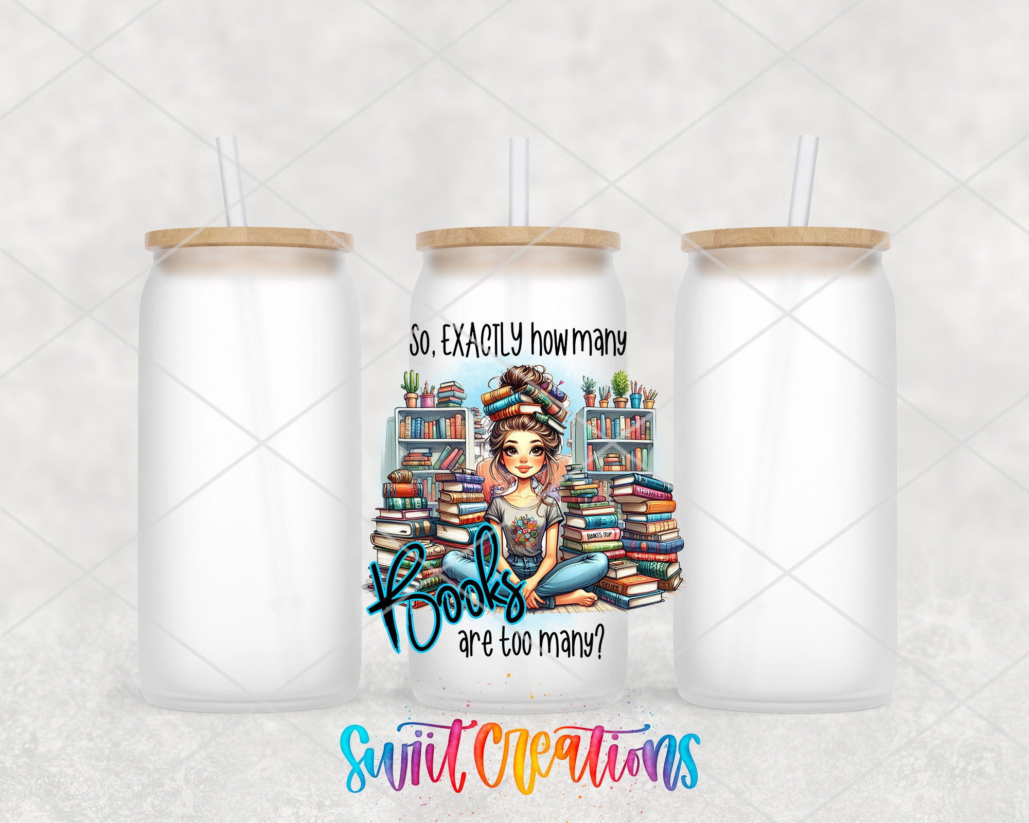 two white tumblers with a picture of a woman sitting on a pile of books