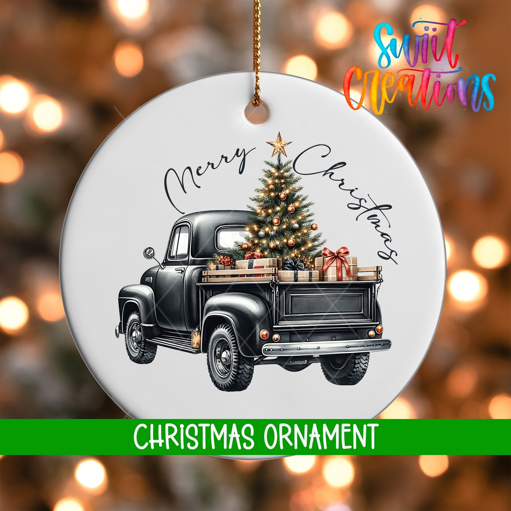 A Christmas ornament featuring a black vintage truck with a decorated Christmas tree in its bed, surrounded by presents.