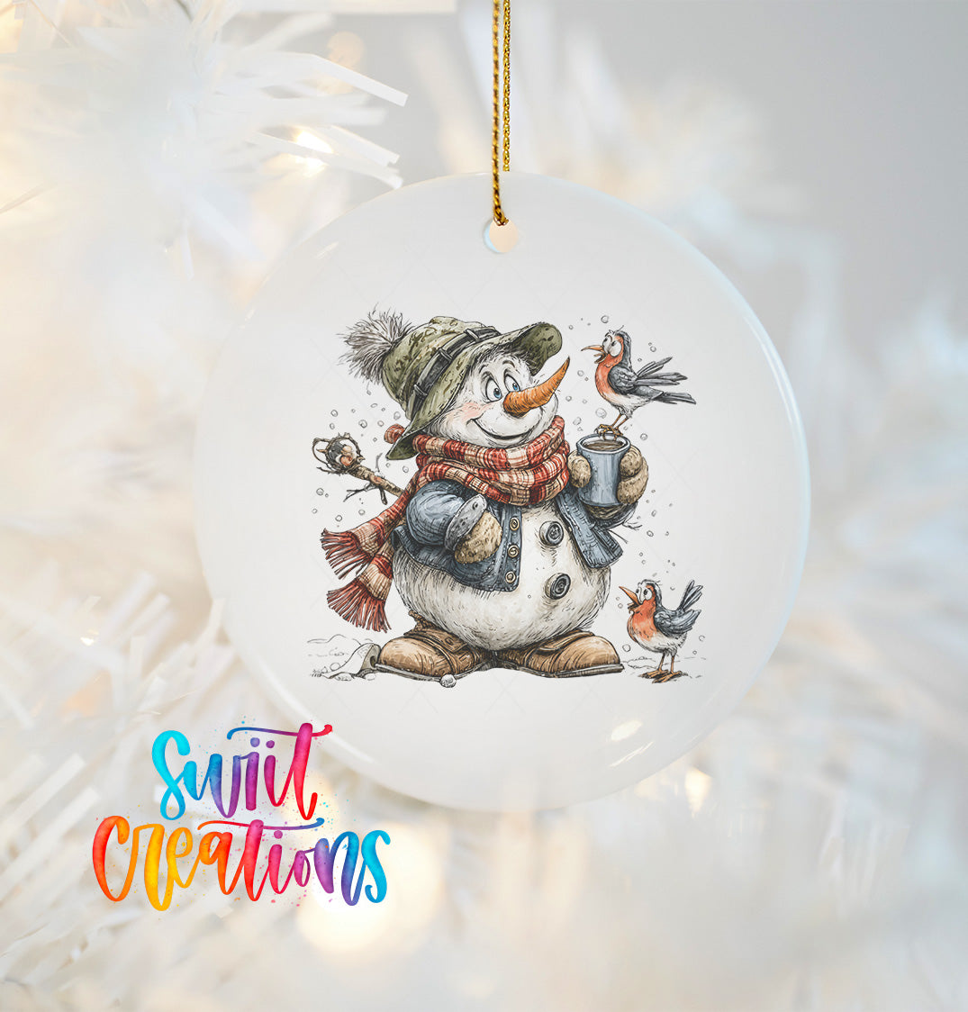 A snowman ornament with a bird perched on its shoulder, surrounded by other birds, is hanging on a Christmas tree.