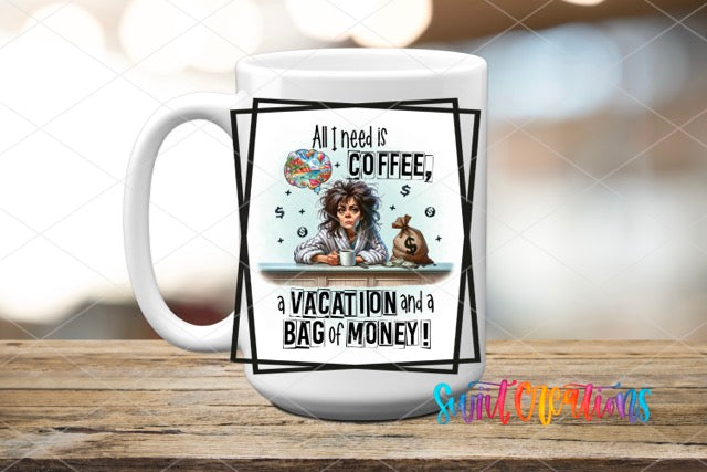 a coffee mug with a picture of a woman and a dog on it