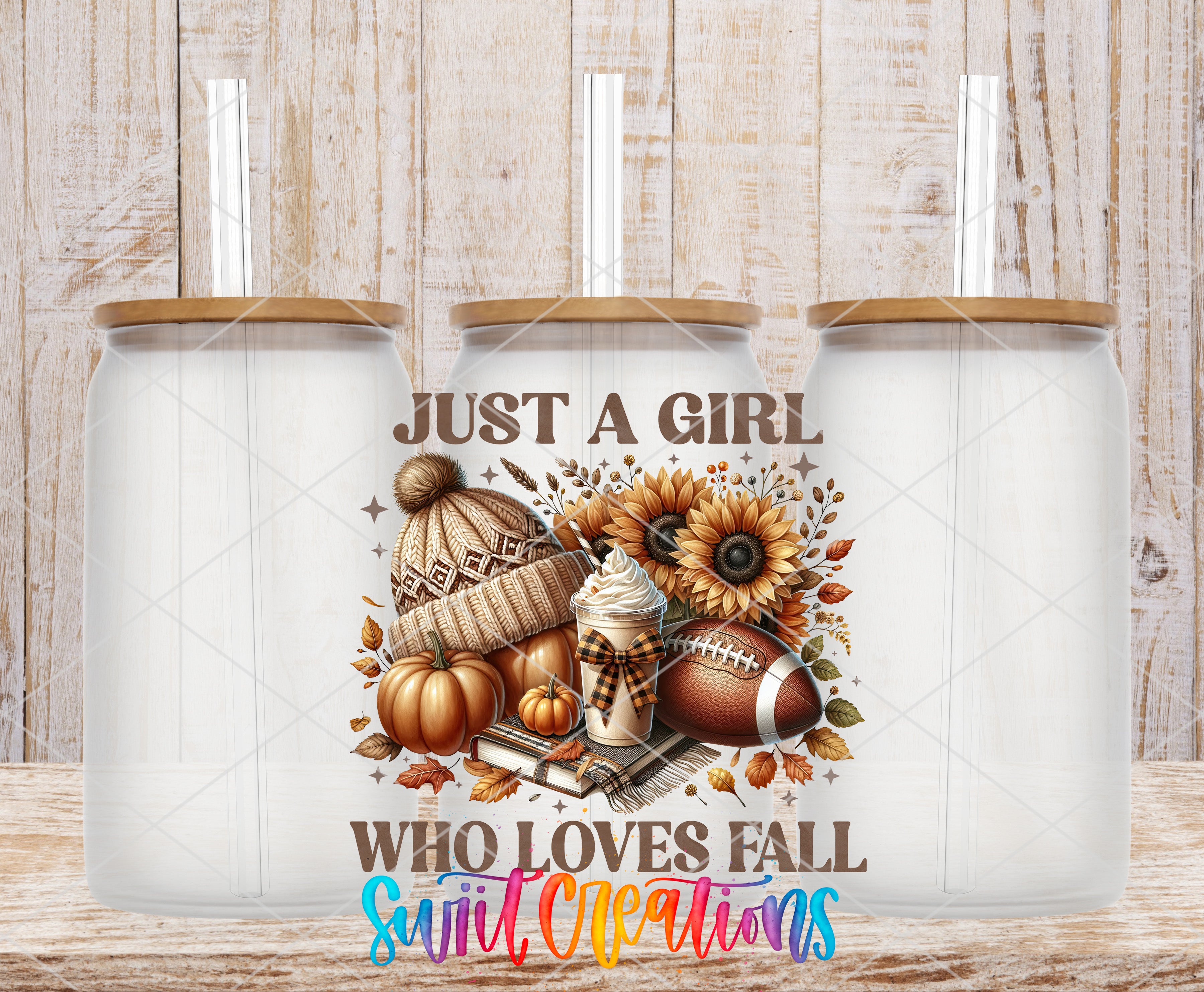 A collage of three glass jars with straws, each containing a different fall-themed item such as a pumpkin, sunflower, football, and a hat. The text on the jars reads "Just a girl who loves fall" and "Sweet creations".
