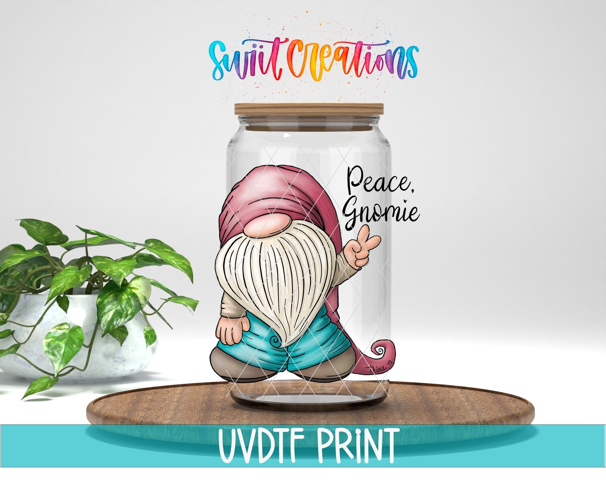 a glass jar with a gnome sitting on top of it