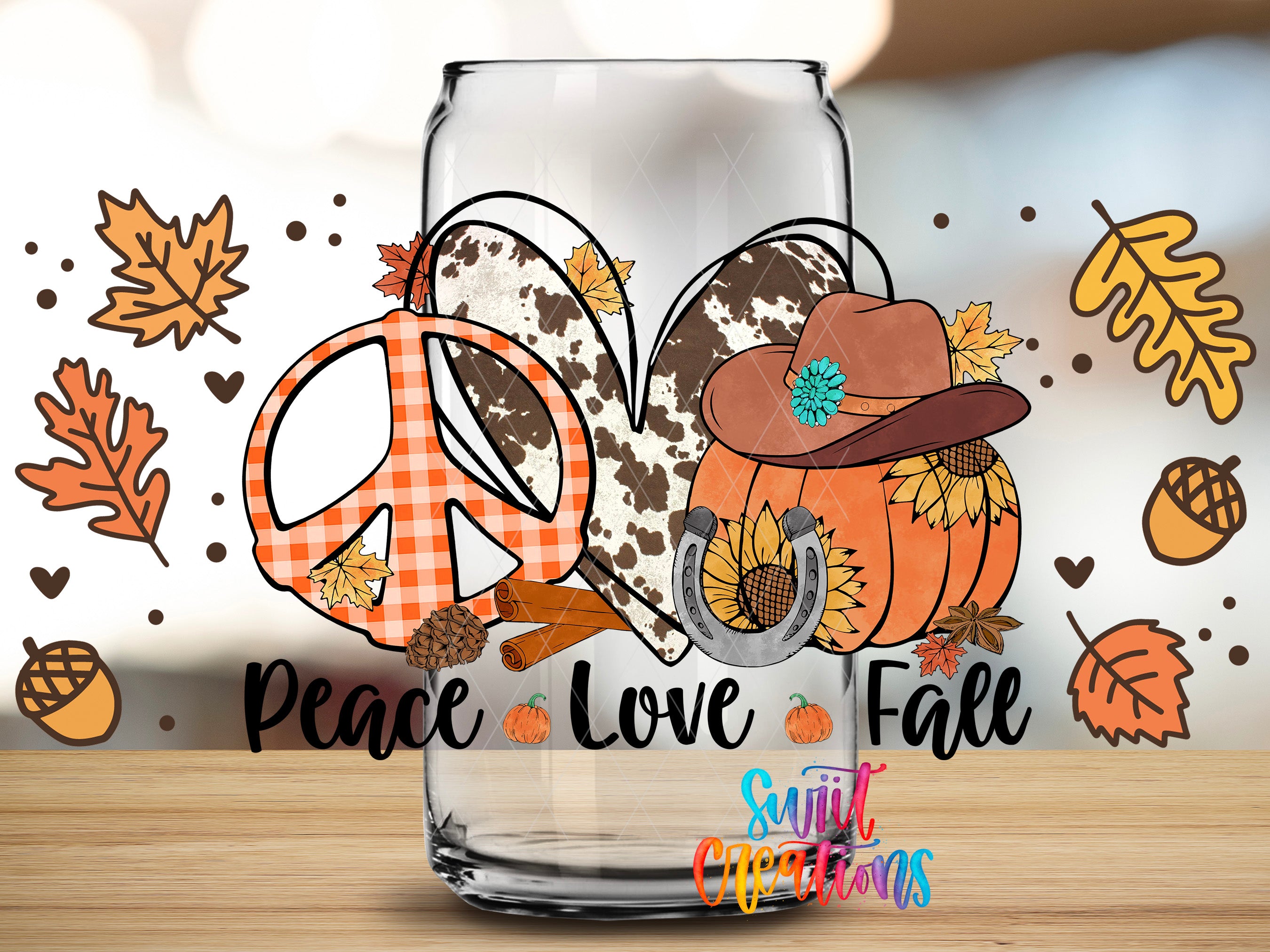 a glass jar with a peace sign, a cowboy hat, a pumpkin, a sunflower, and autumn leaves, along with the text "Peace Love Fall" and the artist's signature "Sunlit Creations".