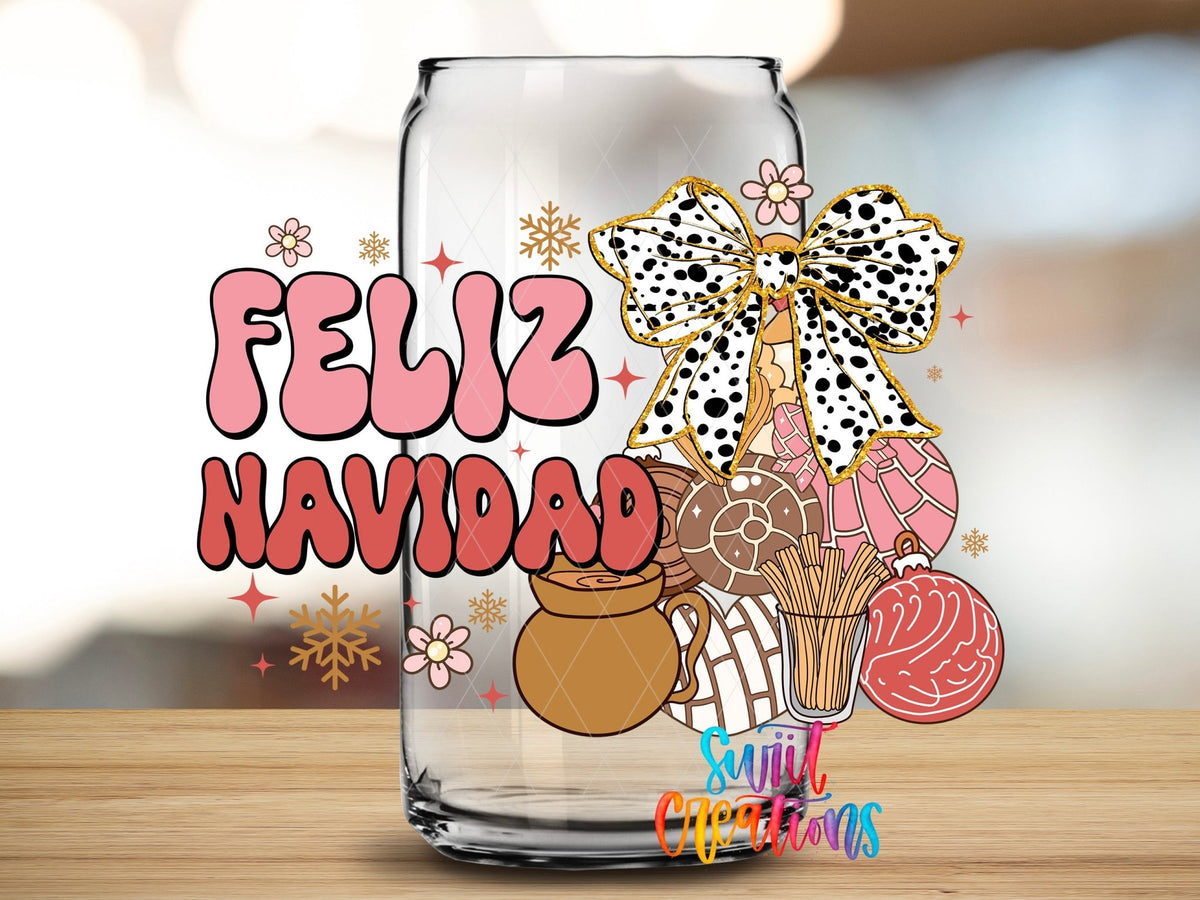 Close-up of the Feliz Navidad UV DTF transfer on a clear glass can
