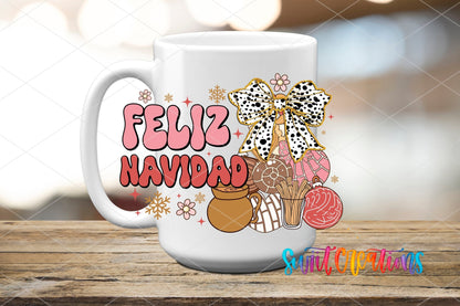 Feliz Navidad UV DTF transfer on a white ceramic coffee mug