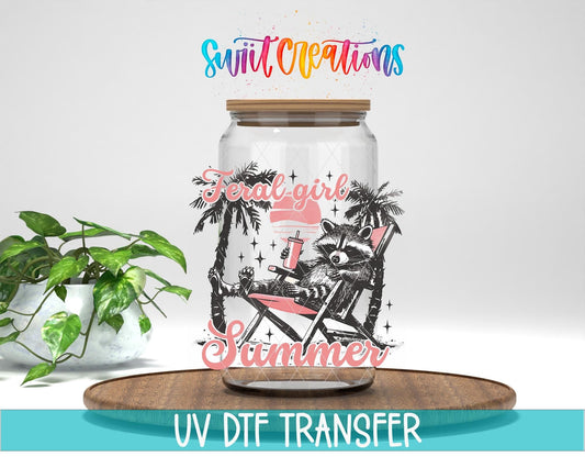 Swiit Creations UV DTF Feral Girl Summer Raccoon transfer displayed on a clear jar mockup