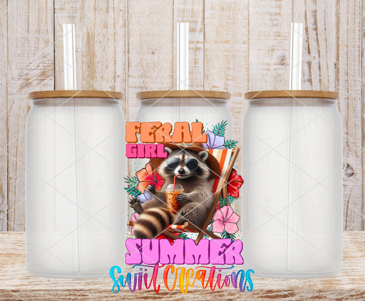Feral Girl Summer UV DTF transfer on frosted glass cans with bamboo lids