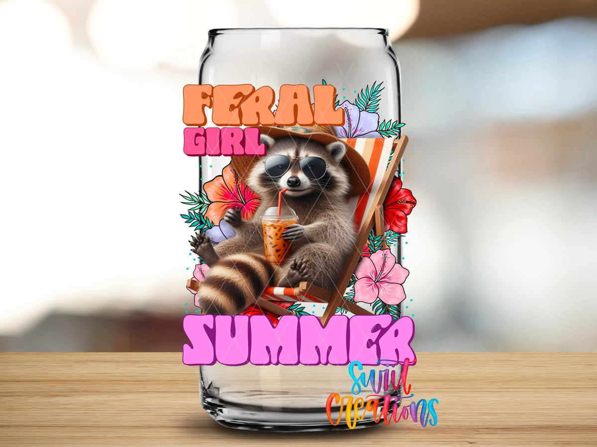 Close-up of the Feral Girl Summer UV DTF transfer on a clear glass can